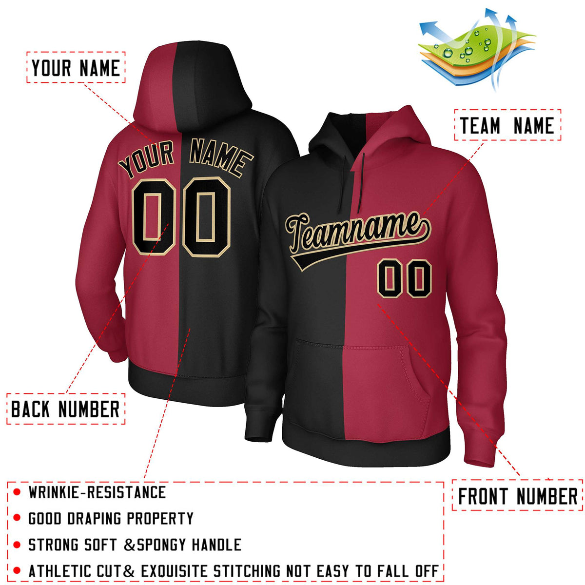 Custom Black Crimson Black-Old Gold Split Fashion Stitched Sportwear Pullover Hoodie| KXKSHOP