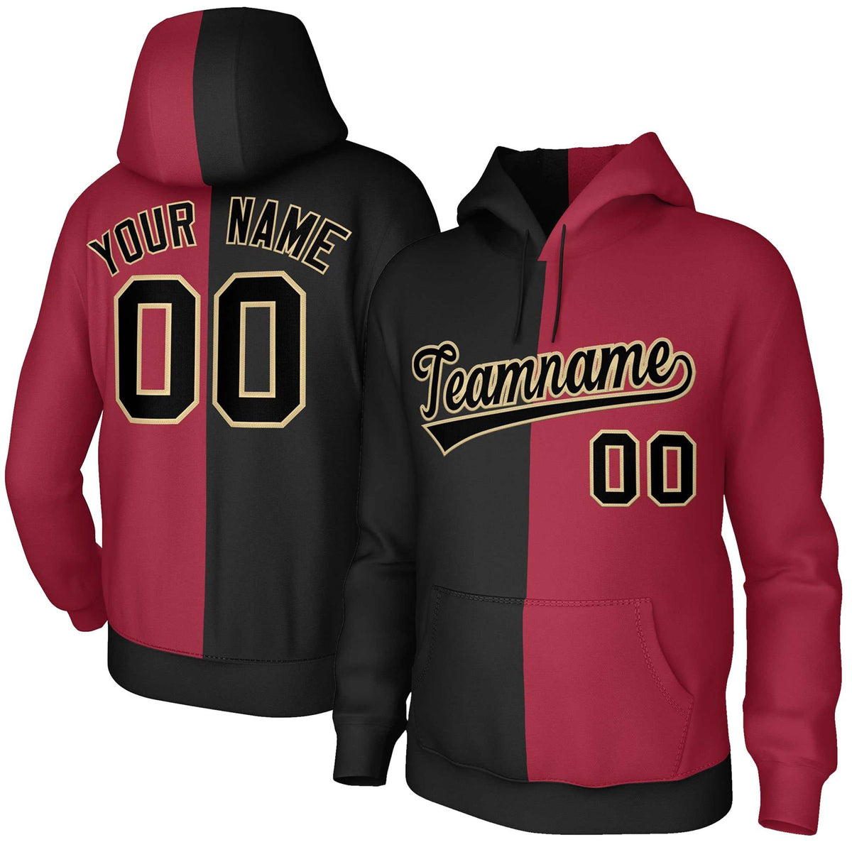 Custom Black Crimson Black-Old Gold Split Fashion Stitched Sportwear Pullover Hoodie| KXKSHOP