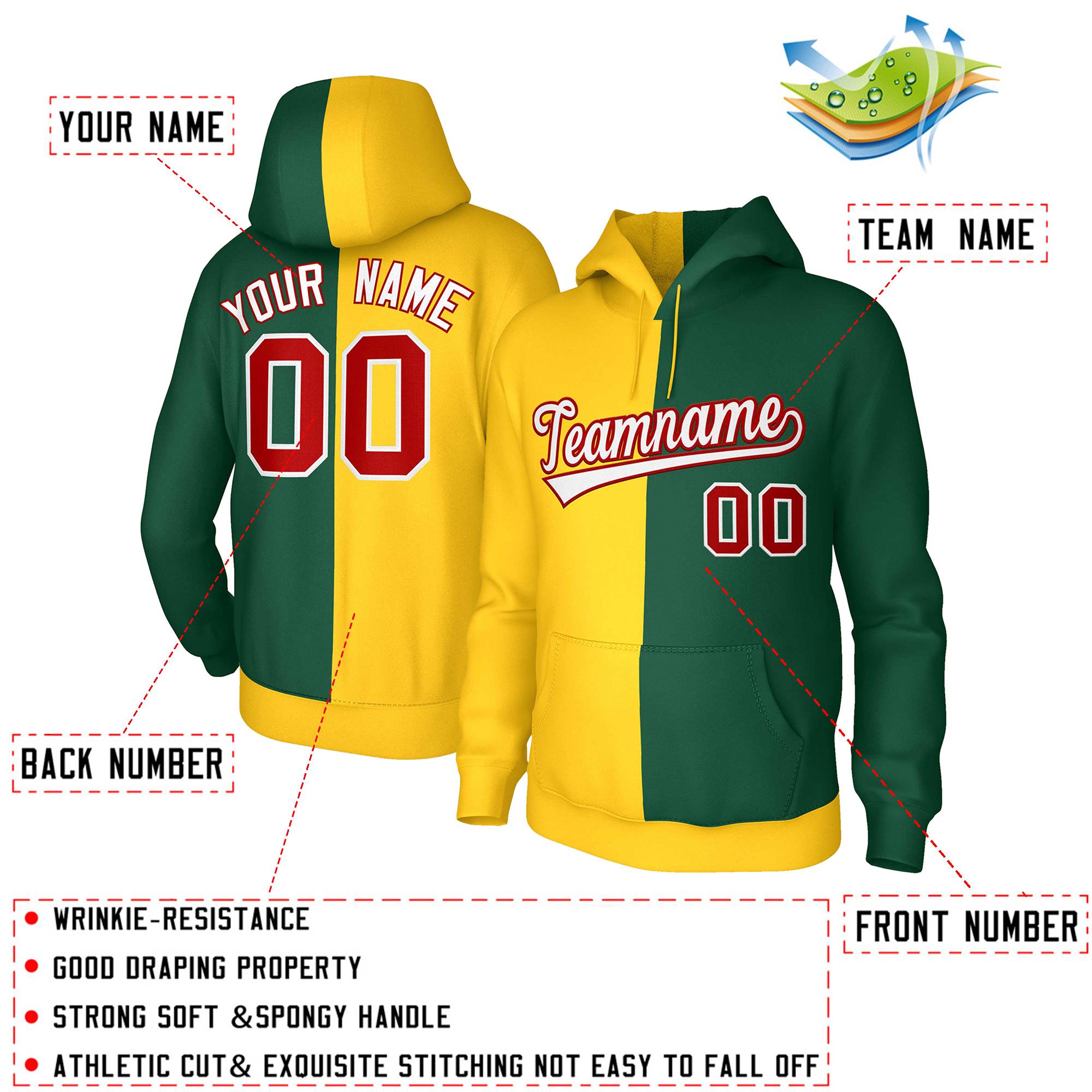 Custom Gold Green White-Red Split Fashion Stitched Sportwear Pullover Hoodie| KXKSHOP