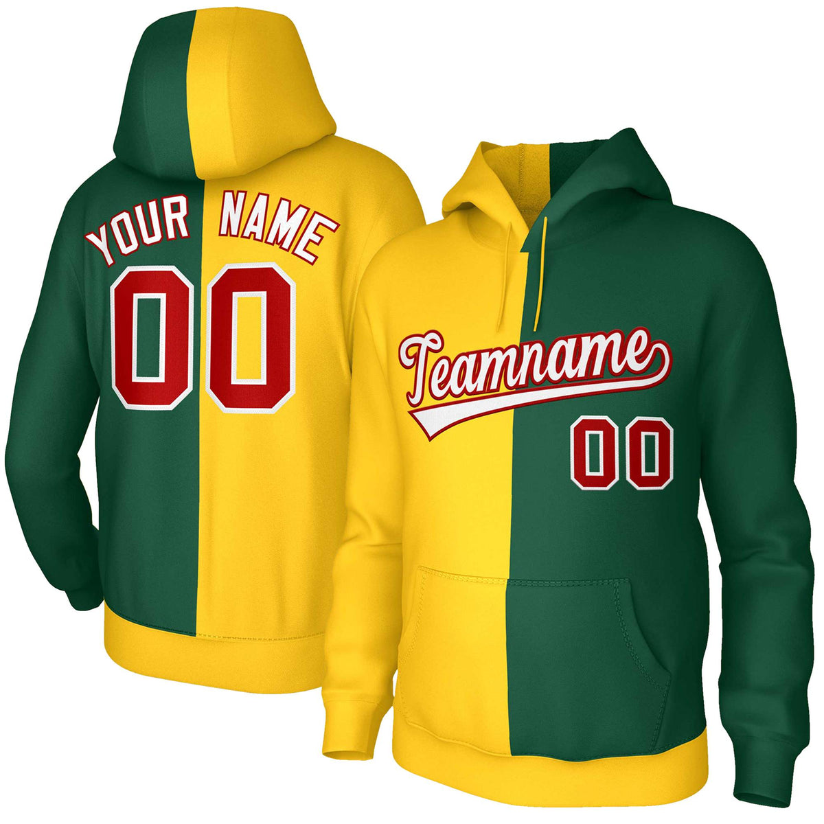 Custom Gold Green White-Red Split Fashion Stitched Sportwear Pullover Hoodie| KXKSHOP