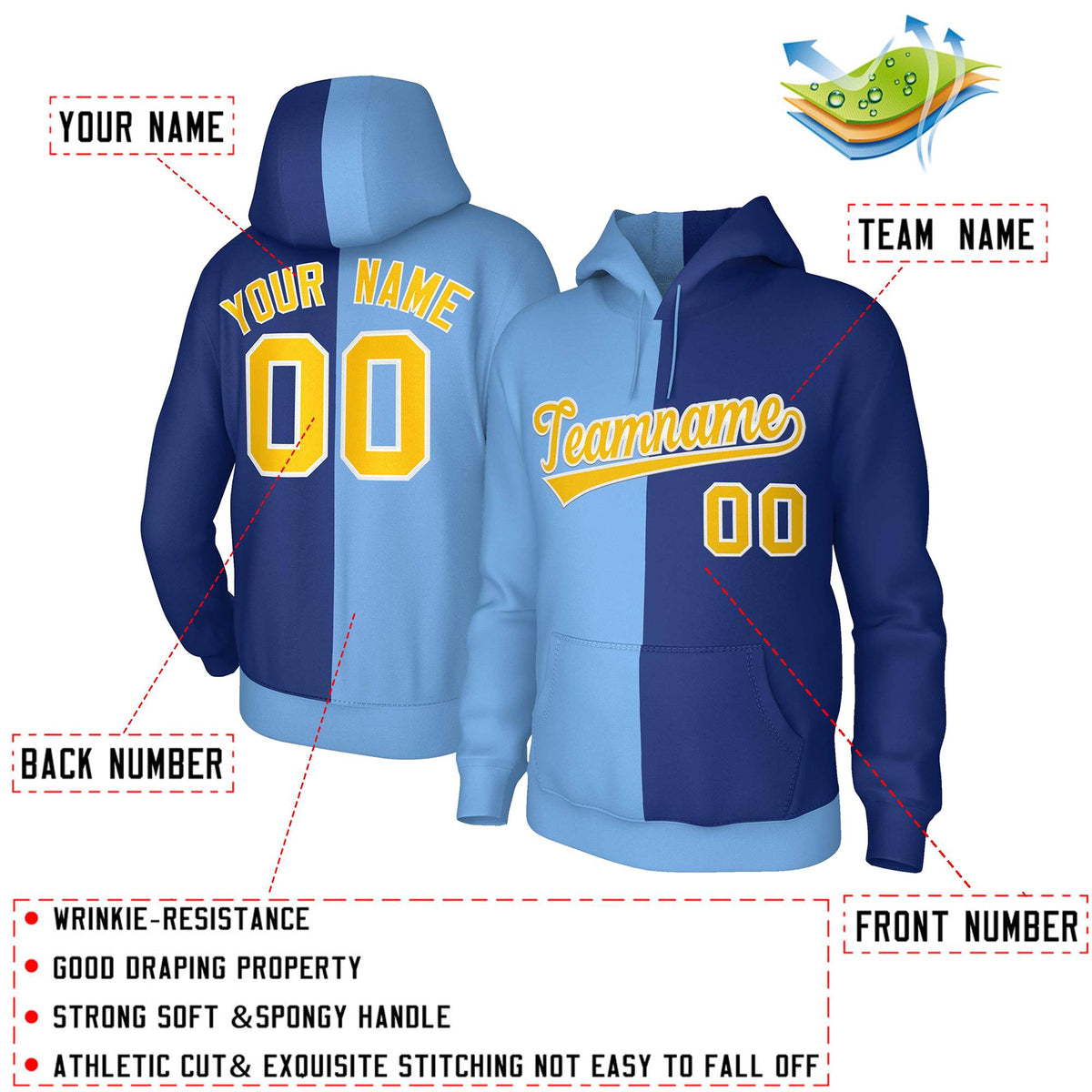 Custom Light Blue Royal Gold-White Split Fashion Stitched Sportwear Pullover Hoodie| KXKSHOP