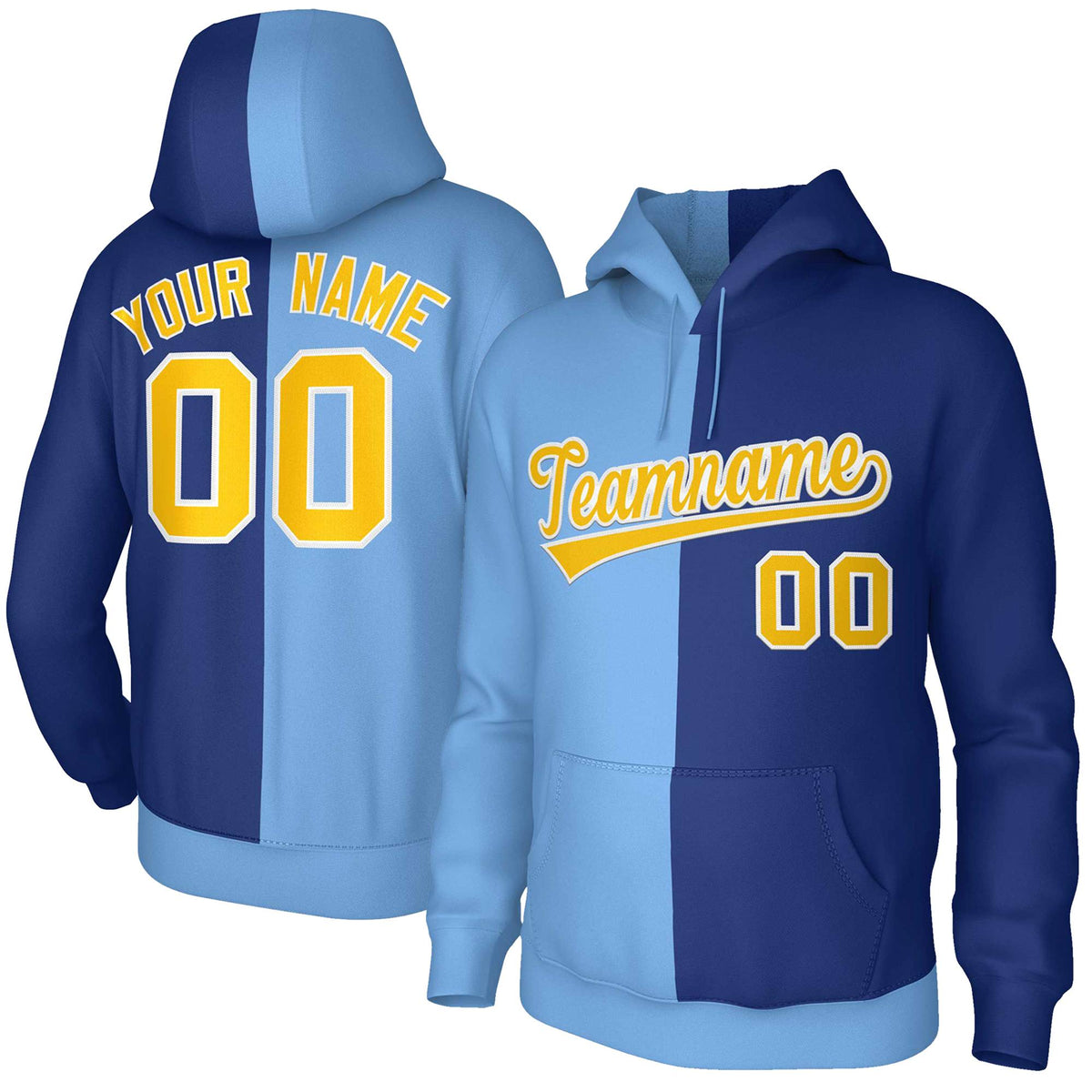 Custom Light Blue Royal Gold-White Split Fashion Stitched Sportwear Pullover Hoodie| KXKSHOP
