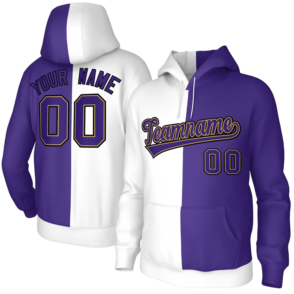 Custom White Purple Purple-Old Gold Split Fashion Stitched Sportwear Pullover Hoodie| KXKSHOP