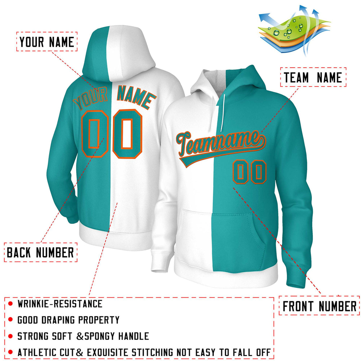 Custom White Aqua Aqua-Orange Split Fashion Stitched Sportwear Pullover Hoodie| KXKSHOP