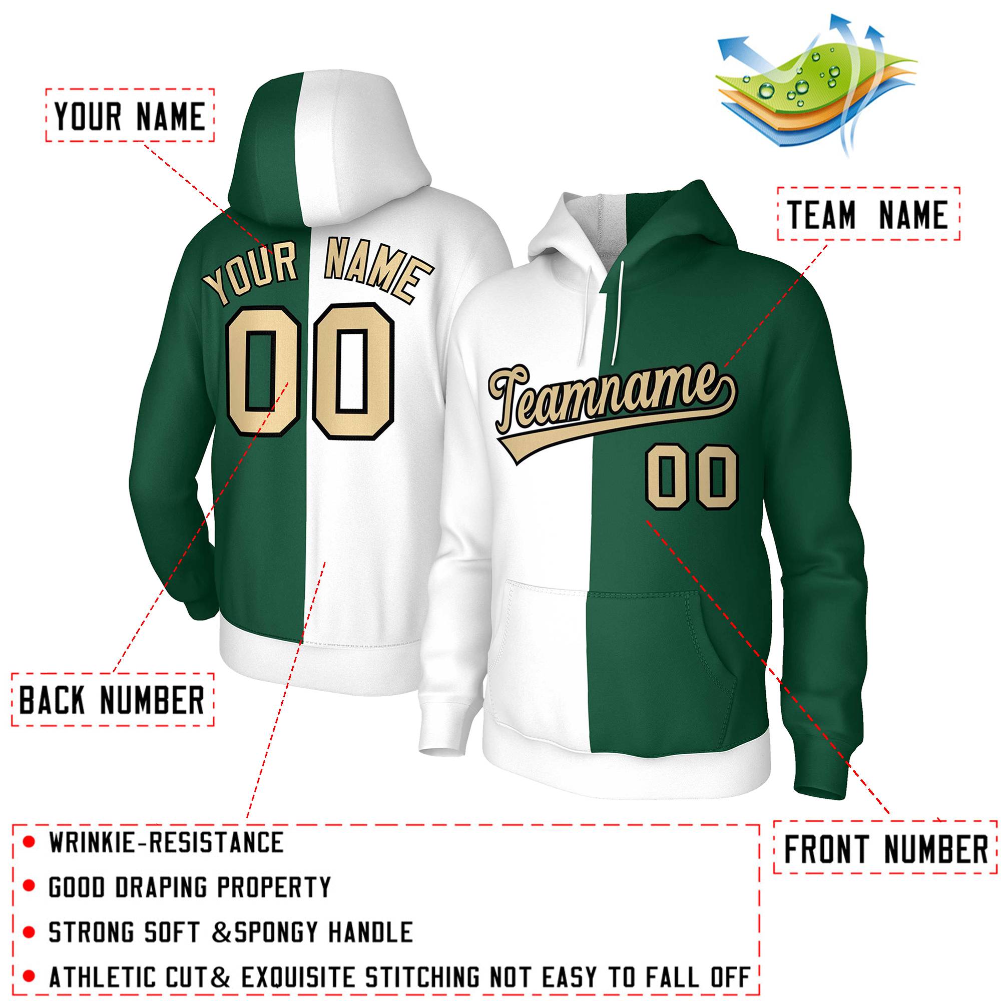 Custom White Green Khaki-Black Split Fashion Stitched Sportwear Pullover Hoodie| KXKSHOP