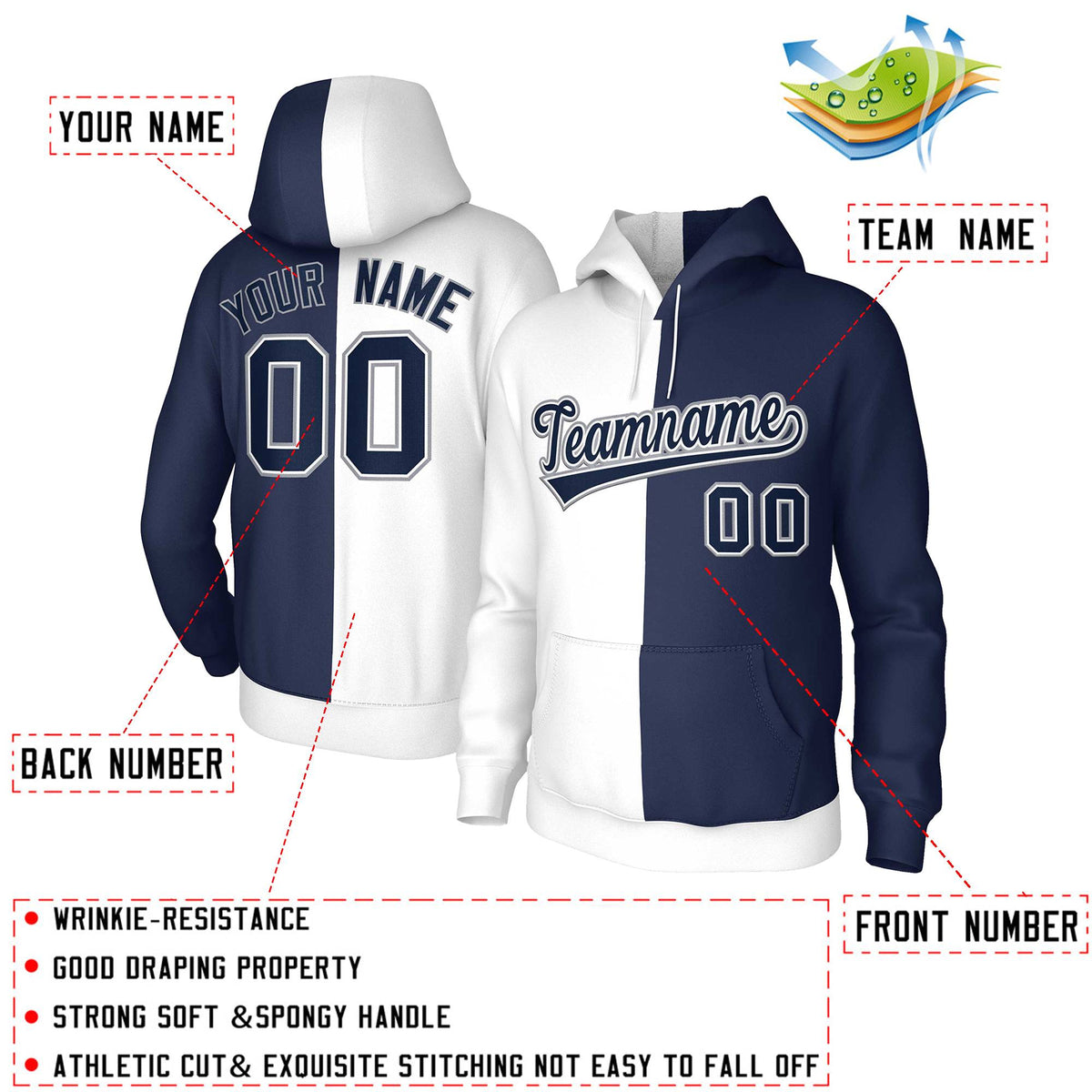 Custom White Navy Navy-White Split Fashion Stitched Sportwear Pullover Hoodie| KXKSHOP
