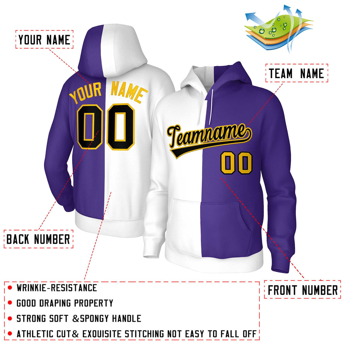 Custom White Purple Black-Gold Split Fashion Stitched Sportwear Pullover Hoodie| KXKSHOP