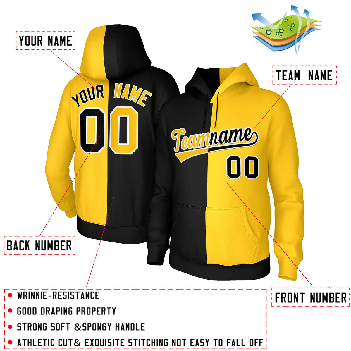 Custom Black Gold Gold-White Split Fashion Stitched Sportwear Pullover Hoodie| KXKSHOP