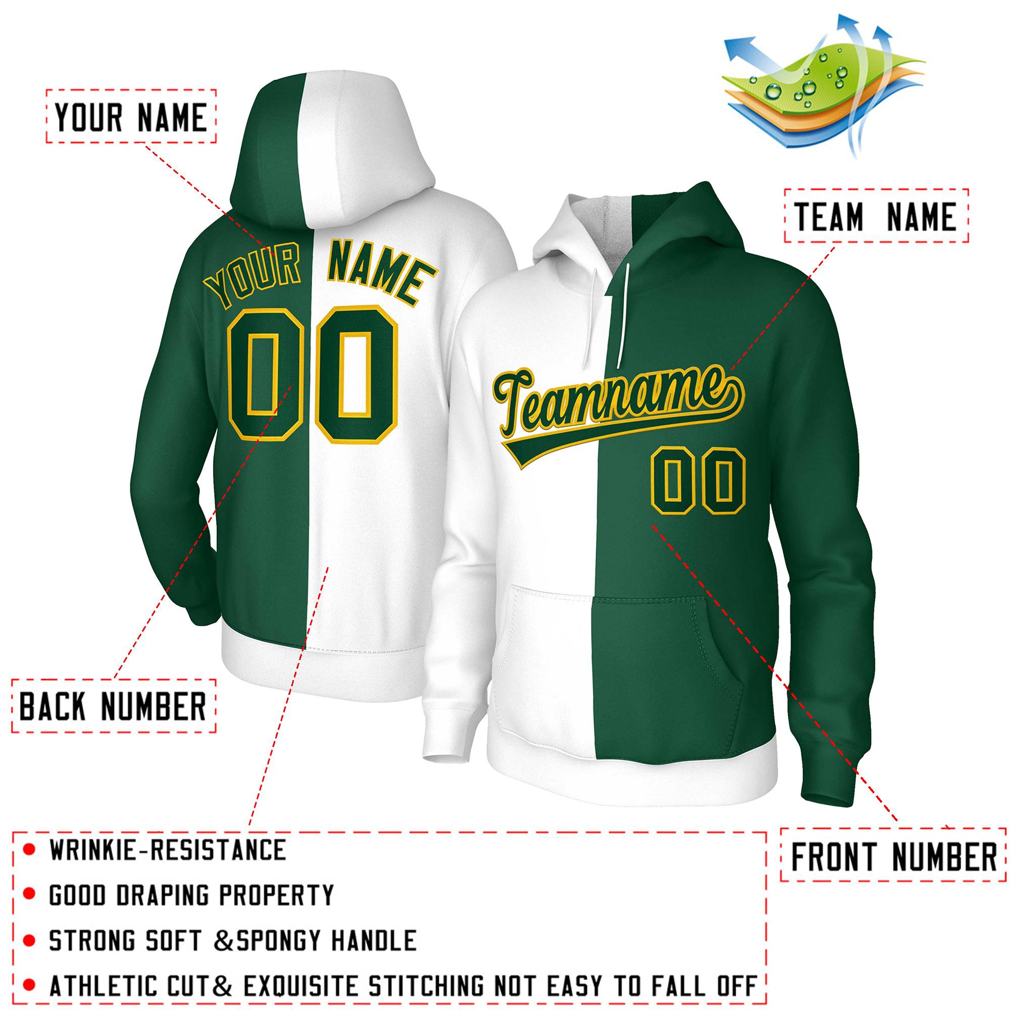 Custom White Green Green-Gold Split Fashion Stitched Sportwear Pullover Hoodie| KXKSHOP