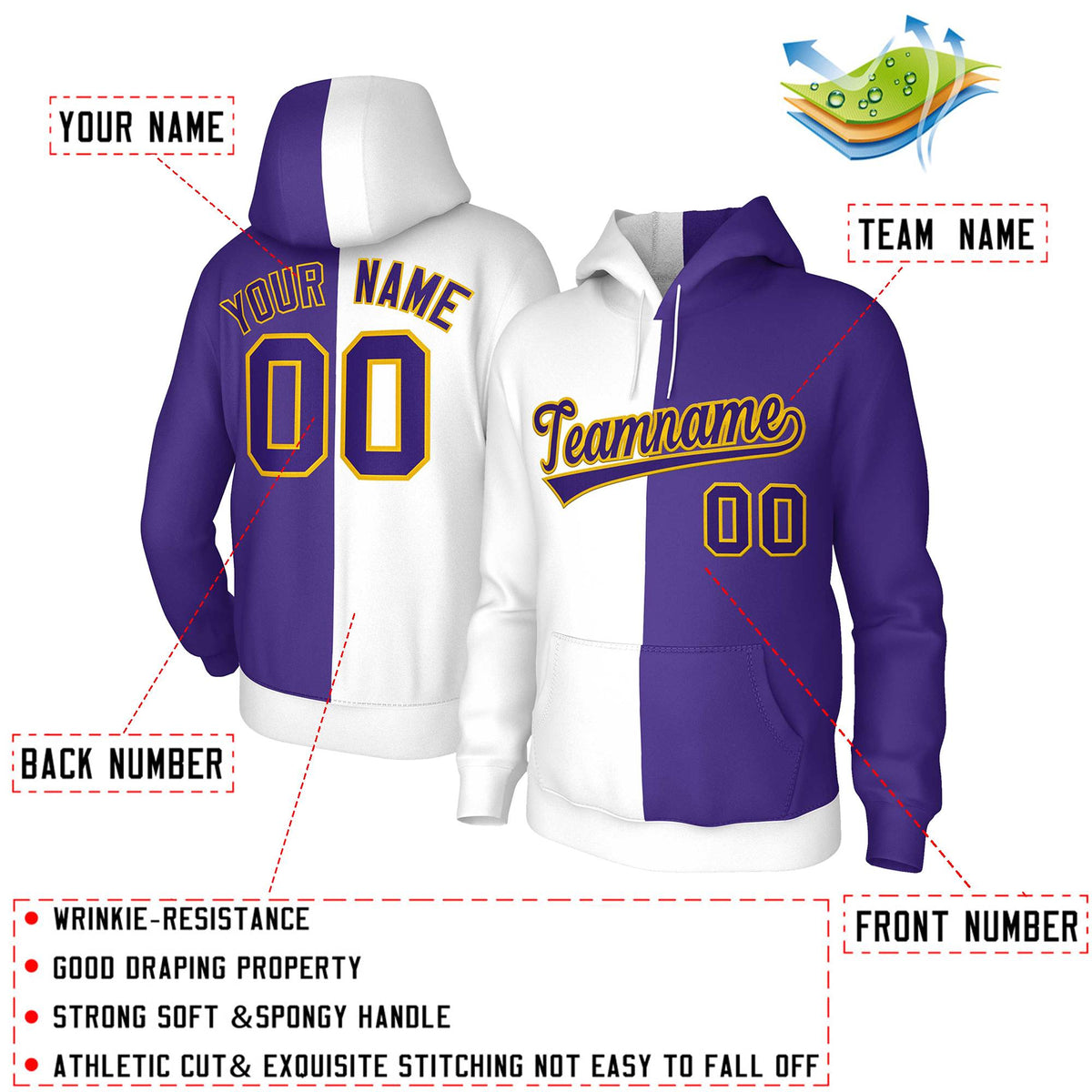 Custom White Purple Purple-Gold Split Fashion Stitched Sportwear Pullover Hoodie| KXKSHOP