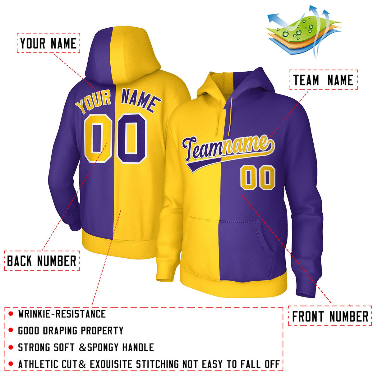 Custom Gold Purple Purple-White Split Fashion Stitched Sportwear Pullover Hoodie| KXKSHOP