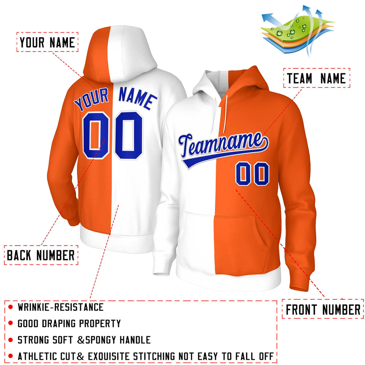 Custom White Orange Royal-White Split Fashion Stitched Sportwear Pullover Hoodie| KXKSHOP