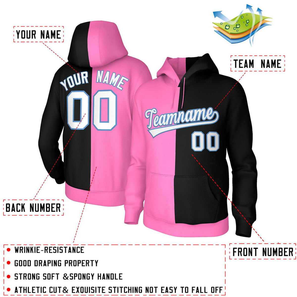 Custom Pink Black White-Light Blue Split Fashion Stitched Sportwear Pullover Hoodie| KXKSHOP