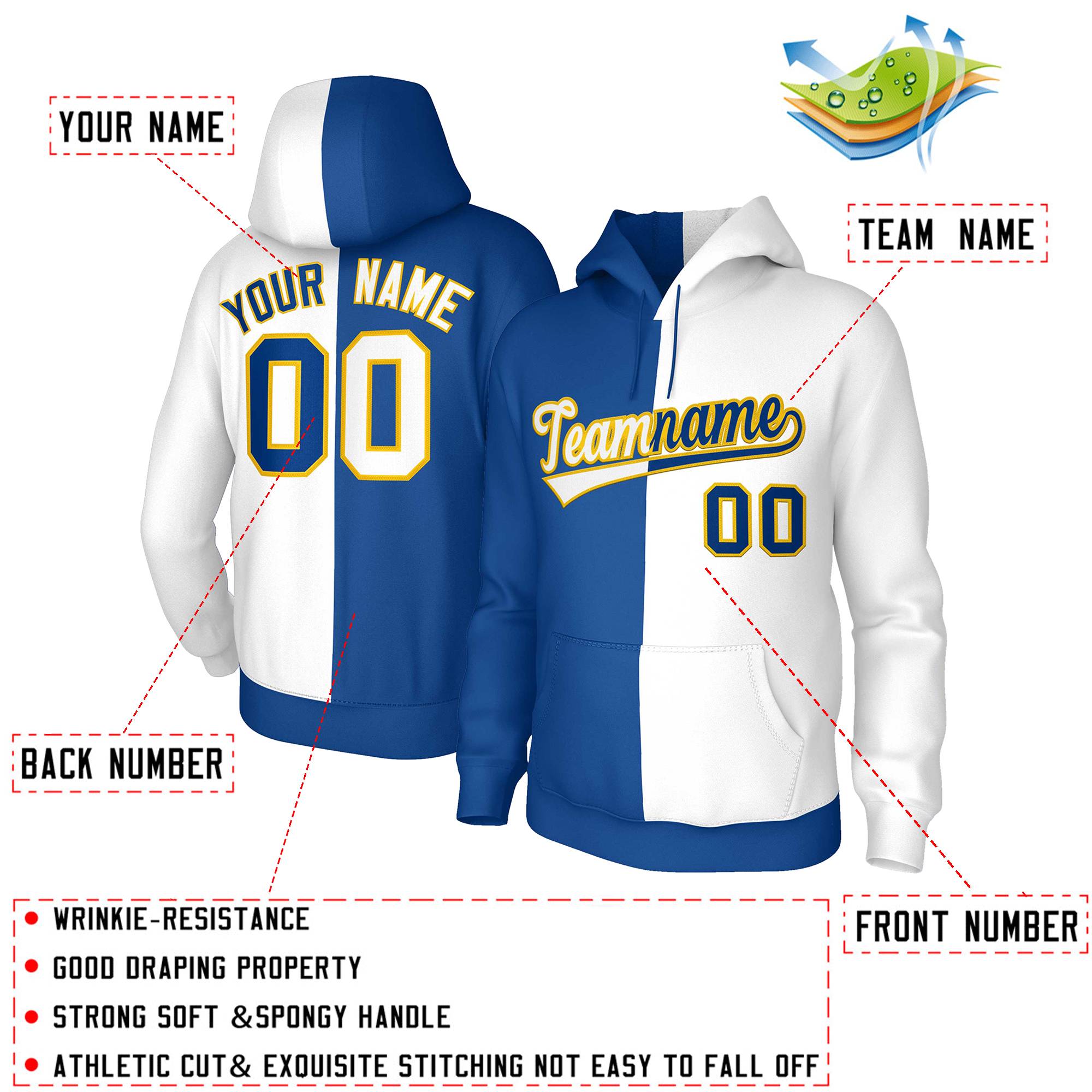 Custom Royal White White-Gold Split Fashion Stitched Sportwear Pullover Hoodie| KXKSHOP
