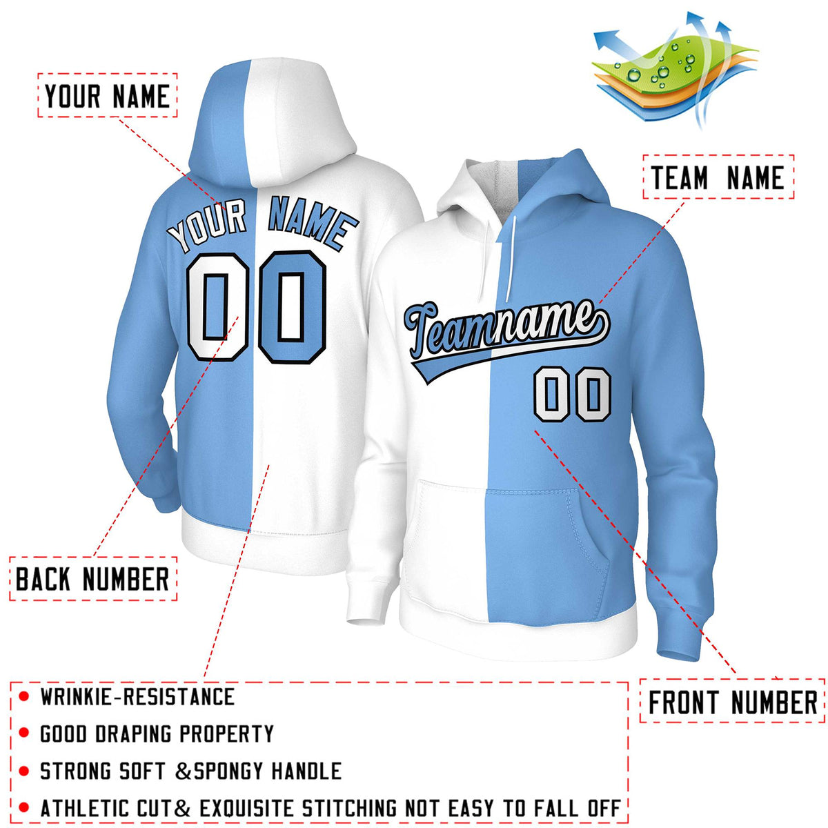 Custom White Light Blue Light Blue-Black Split Fashion Stitched Sportwear Pullover Hoodie| KXKSHOP