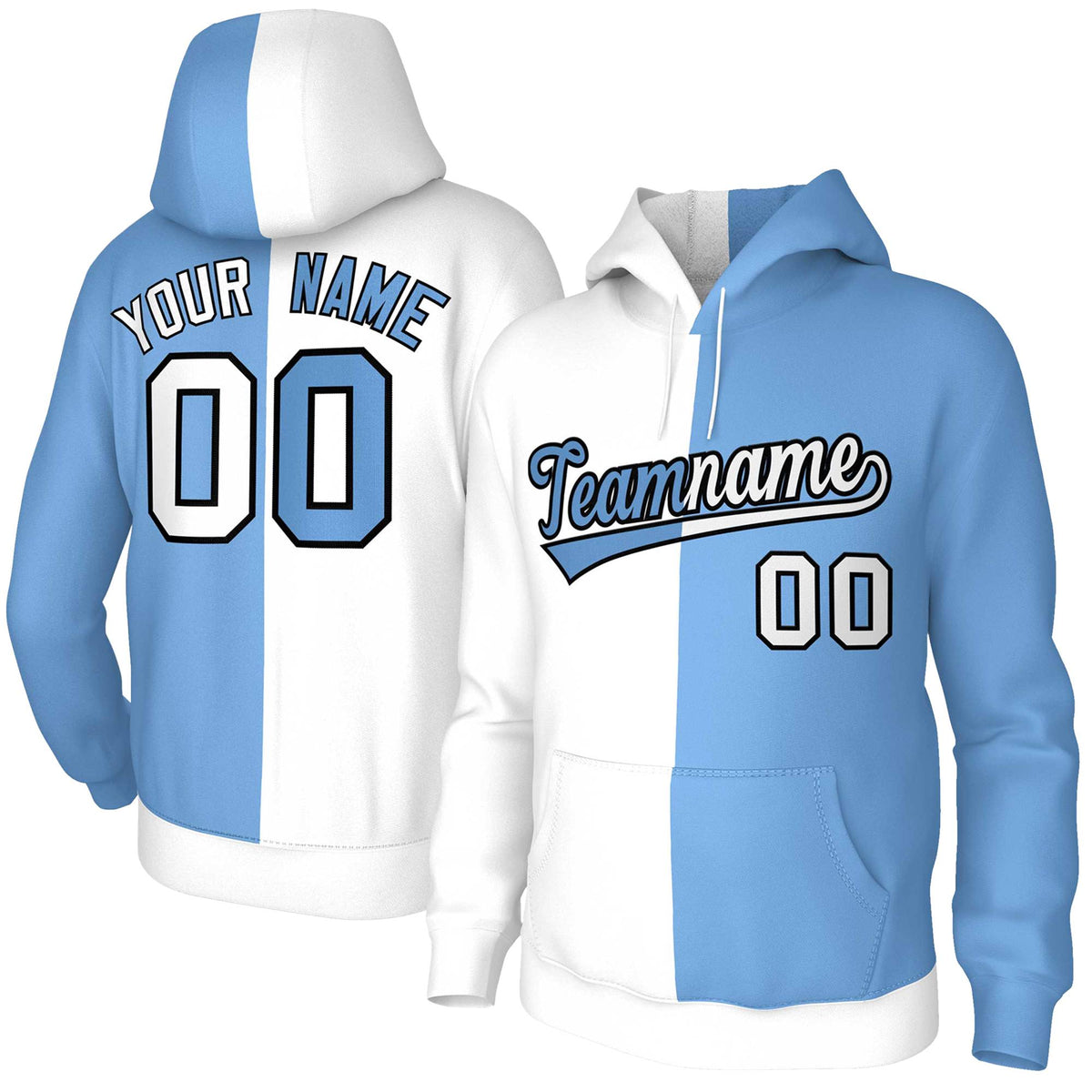 Custom White Light Blue Light Blue-Black Split Fashion Stitched Sportwear Pullover Hoodie| KXKSHOP