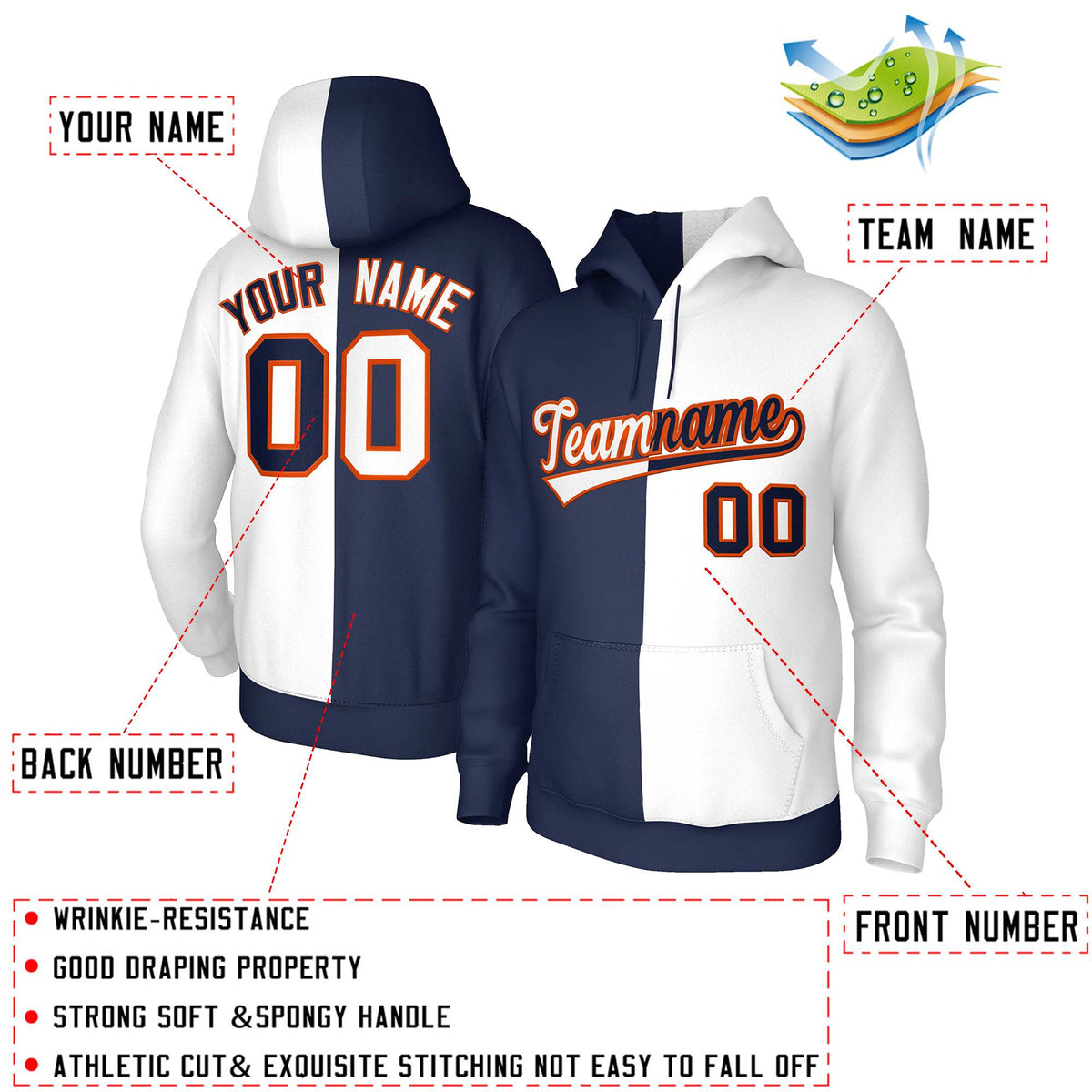 Custom Navy White White-Orange Split Fashion Stitched Sportwear Pullover Hoodie| KXKSHOP