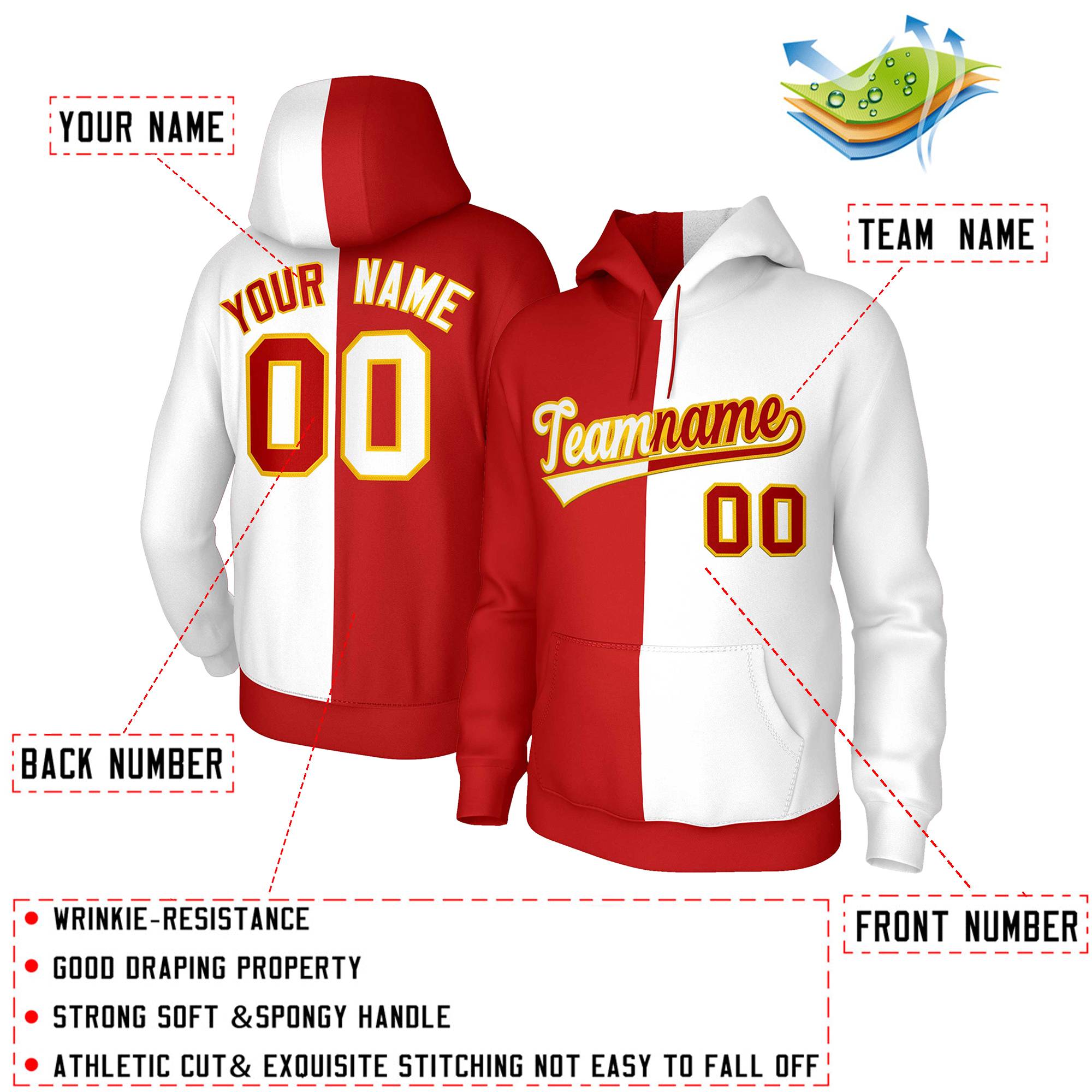 Custom Red White White-Gold Split Fashion Stitched Sportwear Pullover Hoodie| KXKSHOP
