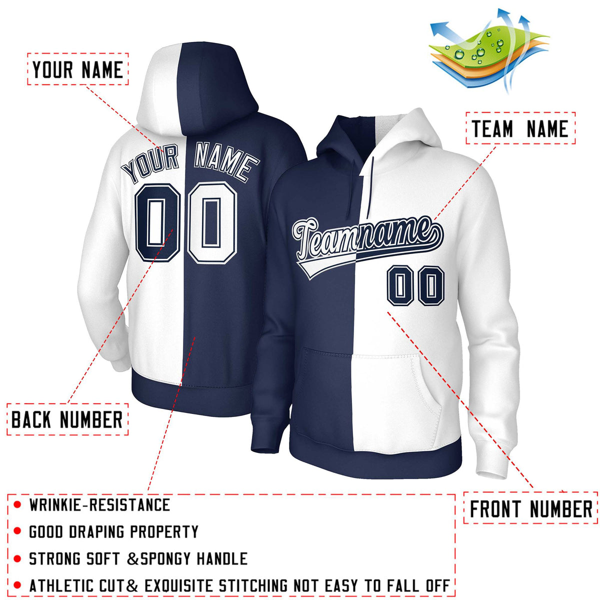 Custom Navy White White-Navy Split Fashion Stitched Sportwear Pullover Hoodie| KXKSHOP