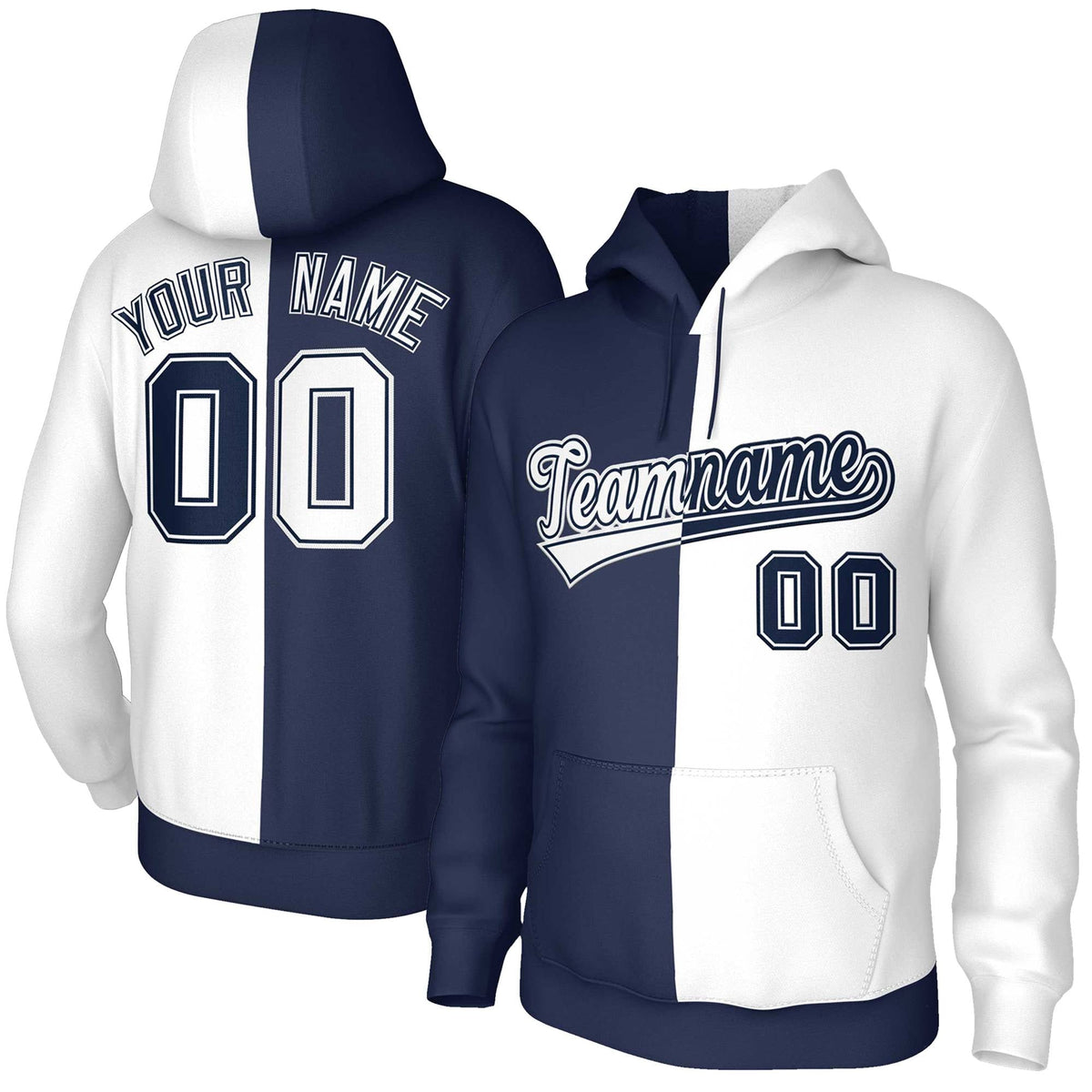 Custom Navy White White-Navy Split Fashion Stitched Sportwear Pullover Hoodie| KXKSHOP