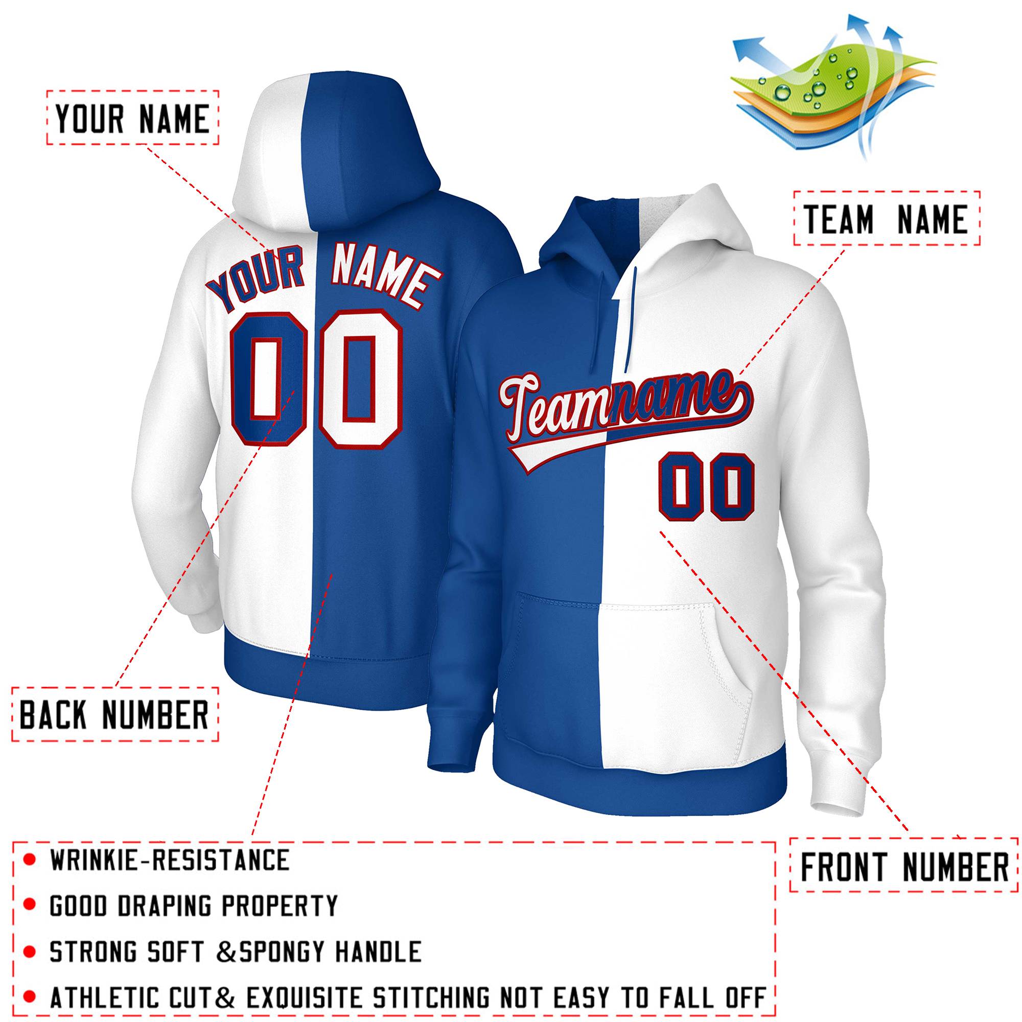 Custom Royal White White-Red Split Fashion Stitched Sportwear Pullover Hoodie| KXKSHOP