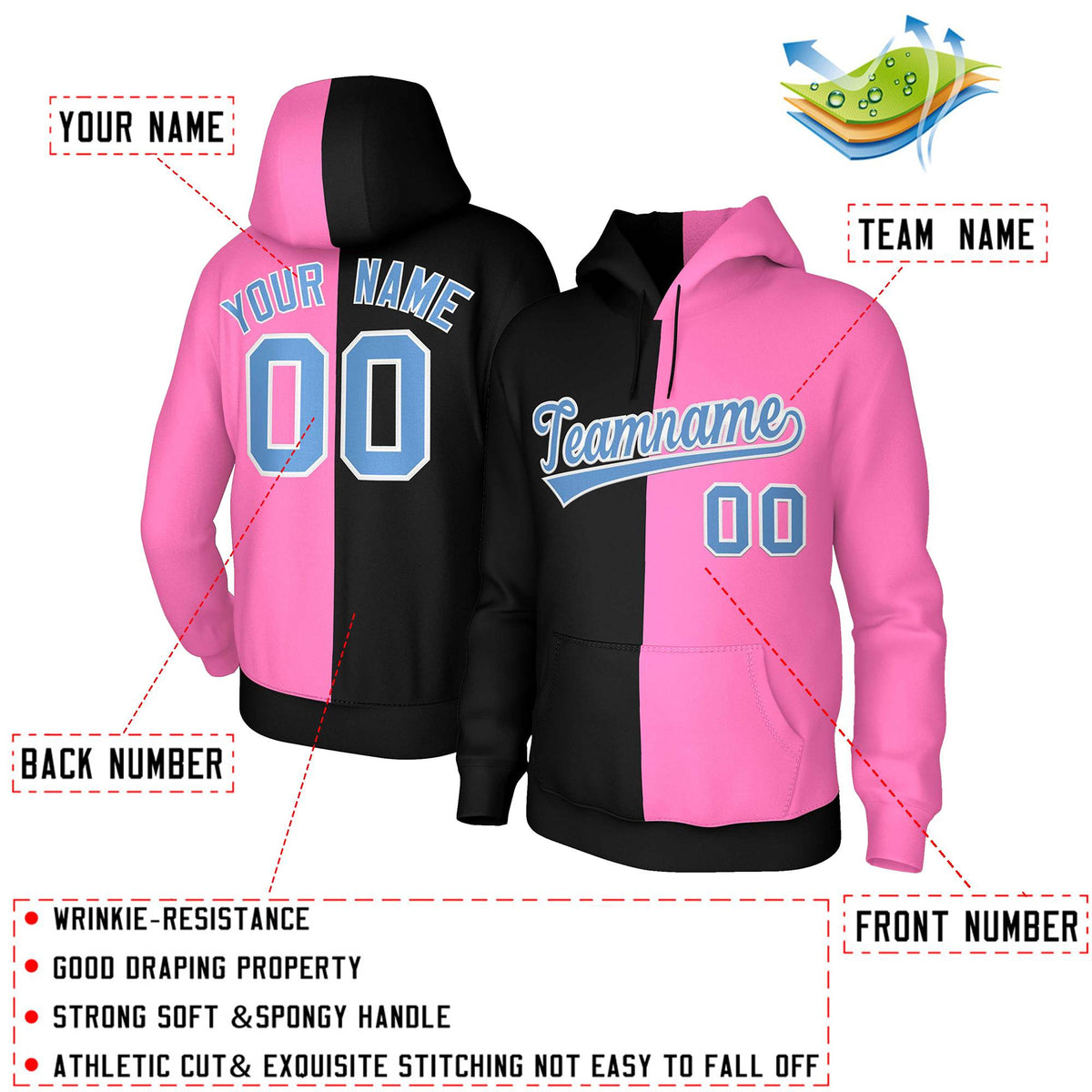 Custom Black Pink Light Blue-White Split Fashion Stitched Sportwear Pullover Hoodie| KXKSHOP