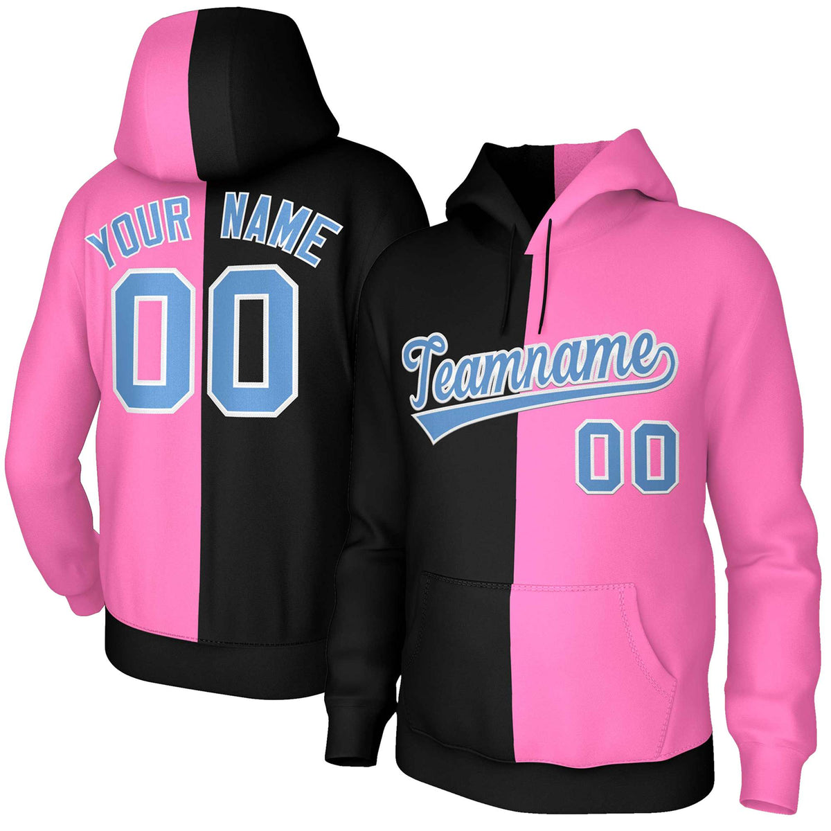 Custom Black Pink Light Blue-White Split Fashion Stitched Sportwear Pullover Hoodie| KXKSHOP