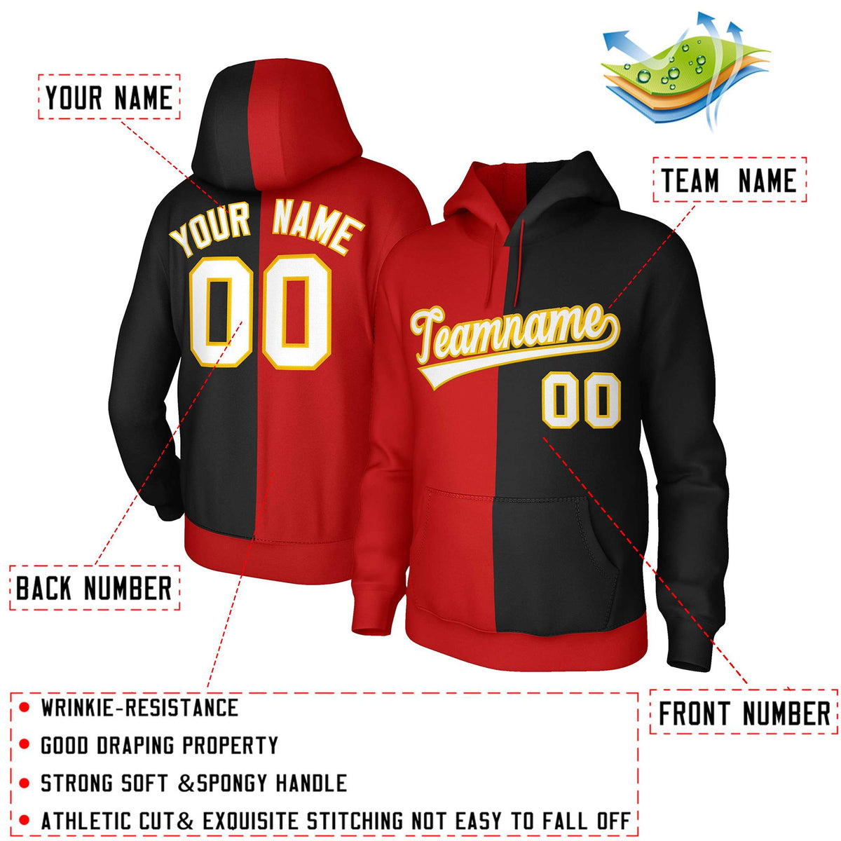Custom Red Black White-Gold Split Fashion Stitched Sportwear Pullover Hoodie| KXKSHOP