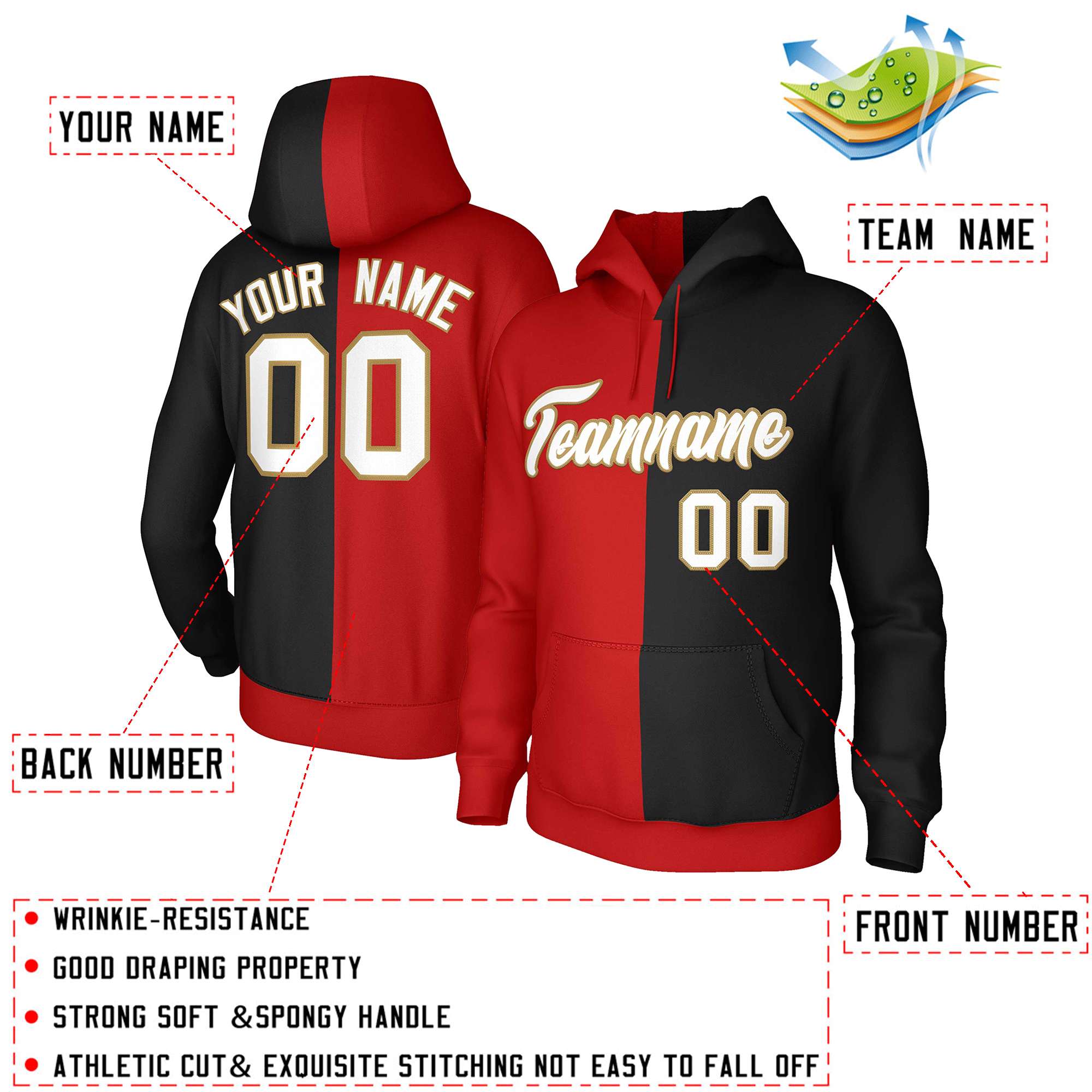 Custom Red Black White-Old Gold Split Fashion Stitched Sportwear Pullover Hoodie| KXKSHOP