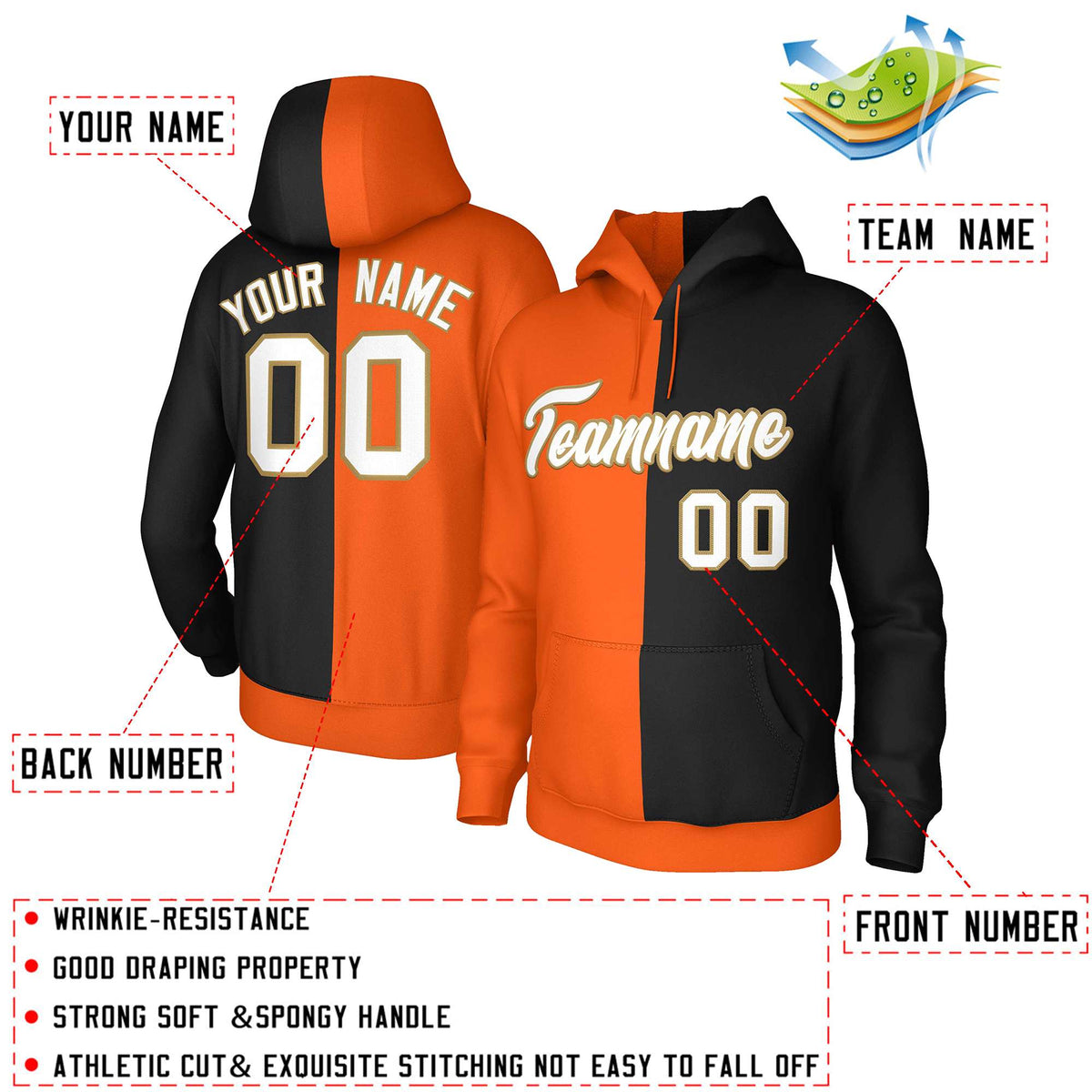 Custom Orange Black White-Old Gold Split Fashion Stitched Sportwear Pullover Hoodie| KXKSHOP