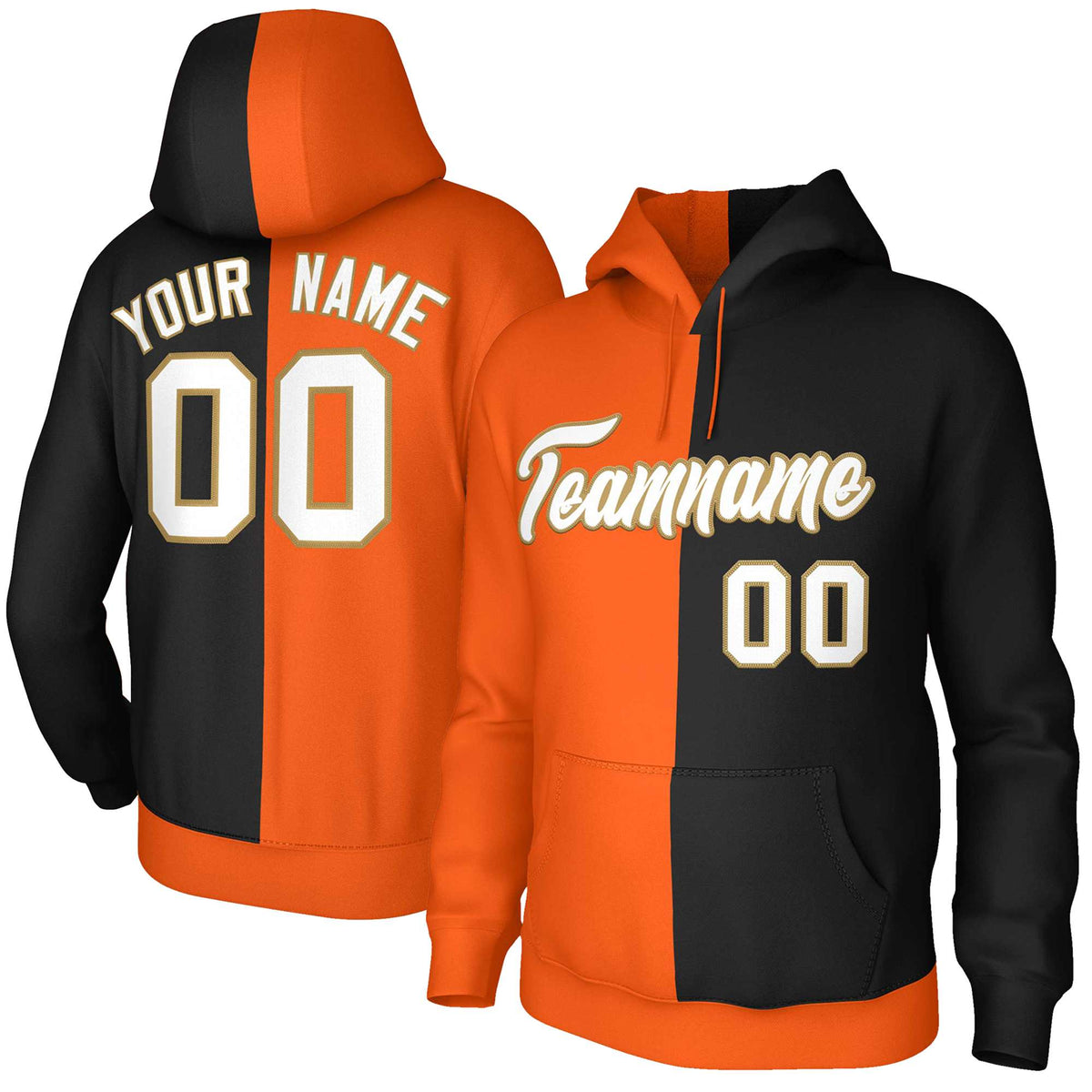 Custom Orange Black White-Old Gold Split Fashion Stitched Sportwear Pullover Hoodie| KXKSHOP