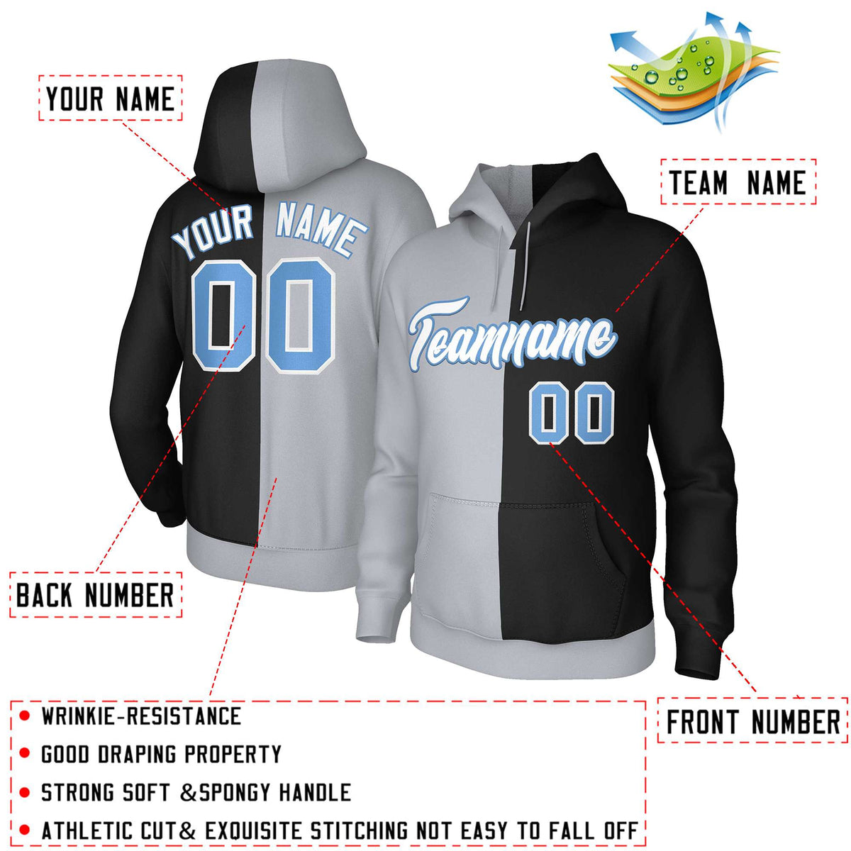 Custom Gray Black White-Light Blue Split Fashion Stitched Sportwear Pullover Hoodie| KXKSHOP