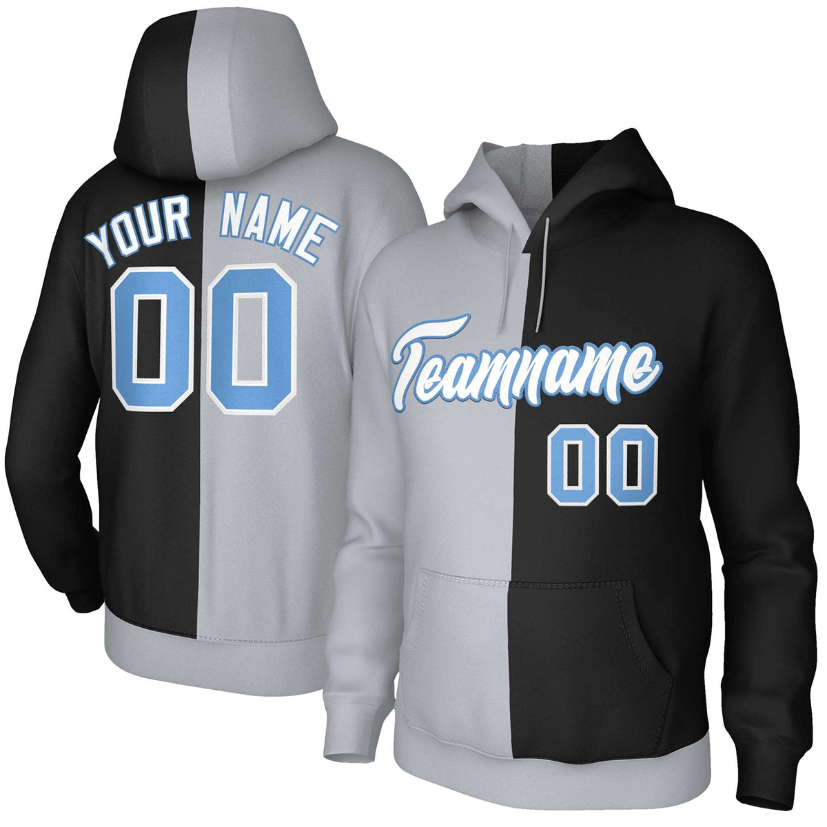 Custom Gray Black White-Light Blue Split Fashion Stitched Sportwear Pullover Hoodie| KXKSHOP