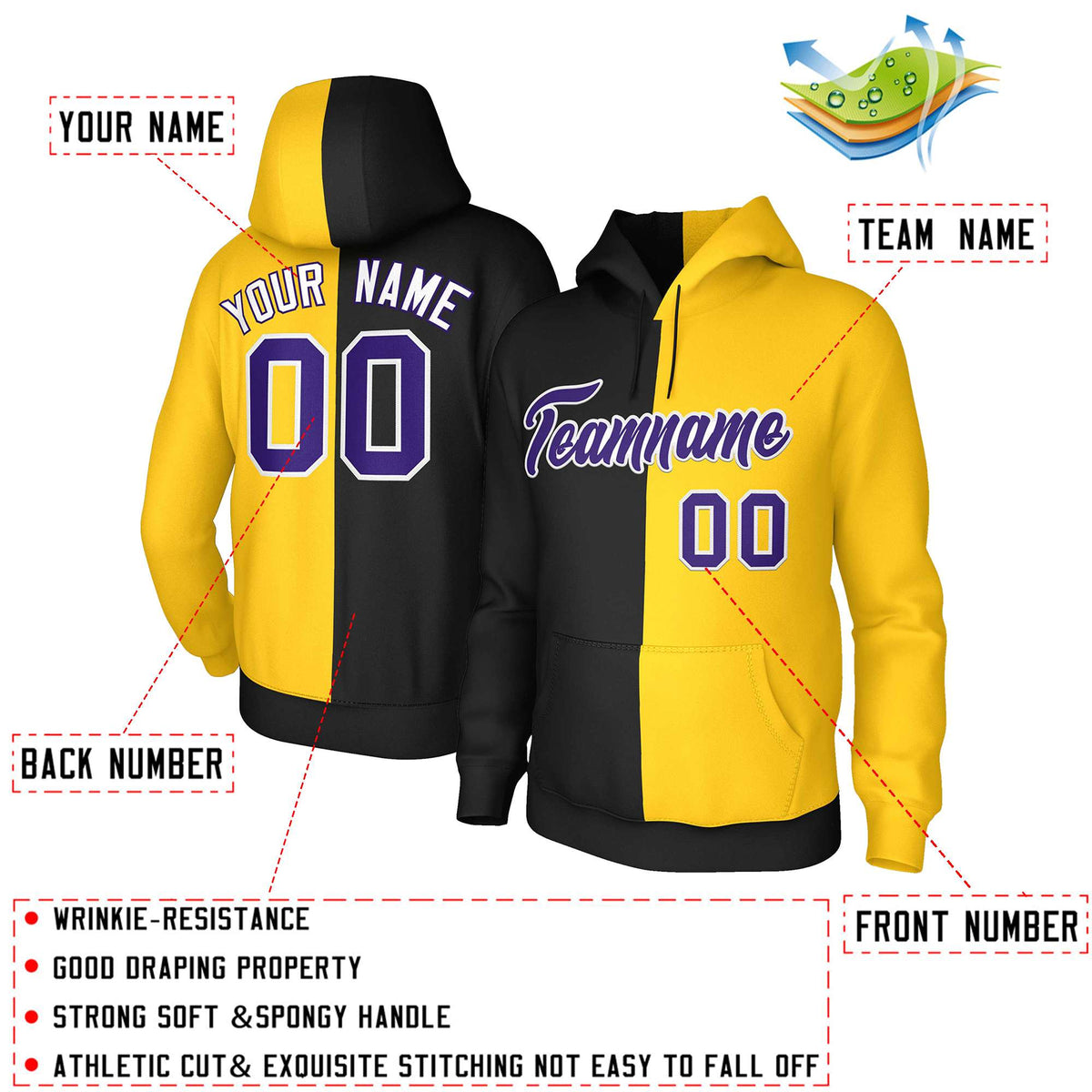 Custom Black Gold Purple-White Split Fashion Stitched Sportwear Pullover Hoodie| KXKSHOP
