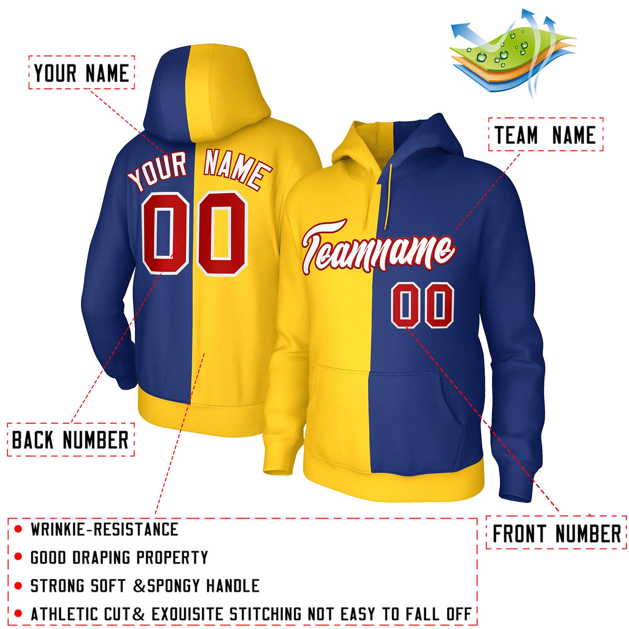 Custom Gold Royal White-Red Split Fashion Stitched Sportwear Pullover Hoodie| KXKSHOP