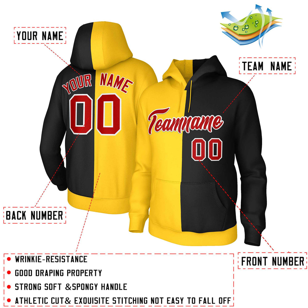 Custom Gold Black Red-White Split Fashion Stitched Sportwear Pullover Hoodie| KXKSHOP
