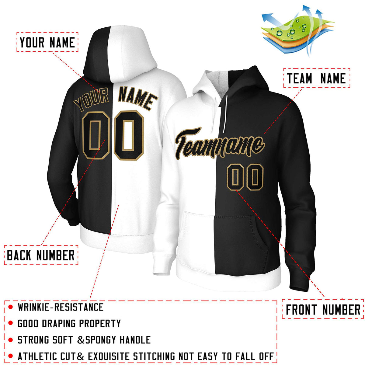 Custom White Black-Old Gold Split Fashion Stitched Sportwear Pullover Hoodie| KXKSHOP