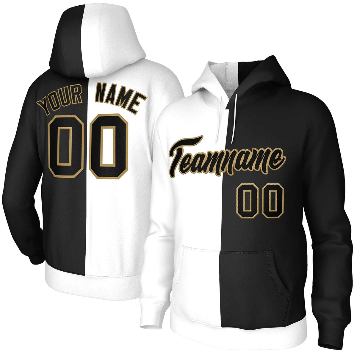 Custom White Black-Old Gold Split Fashion Stitched Sportwear Pullover Hoodie| KXKSHOP
