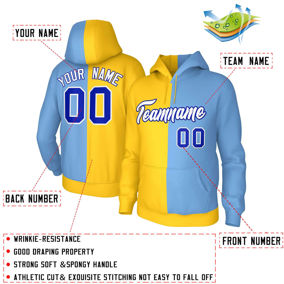 Custom Gold Light Blue White-Royal Split Fashion Stitched Sportwear Pullover Hoodie| KXKSHOP