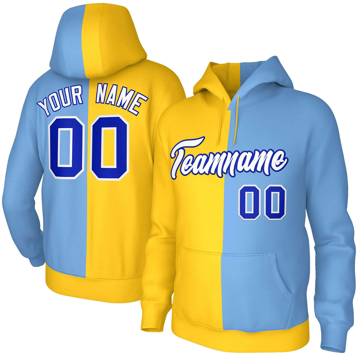 Custom Gold Light Blue White-Royal Split Fashion Stitched Sportwear Pullover Hoodie| KXKSHOP