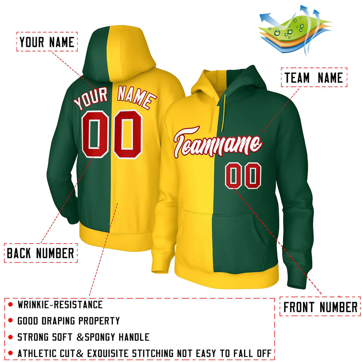 Custom Gold Green White-Red Split Fashion Stitched Sportwear Pullover Hoodie| KXKSHOP
