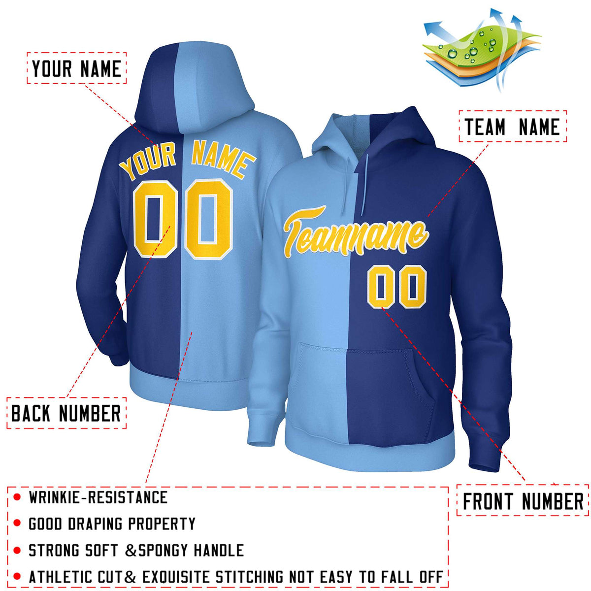 Custom Light Blue Royal Gold-White Split Fashion Stitched Sportwear Pullover Hoodie| KXKSHOP