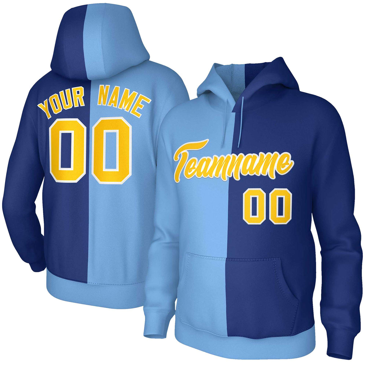 Custom Light Blue Royal Gold-White Split Fashion Stitched Sportwear Pullover Hoodie| KXKSHOP