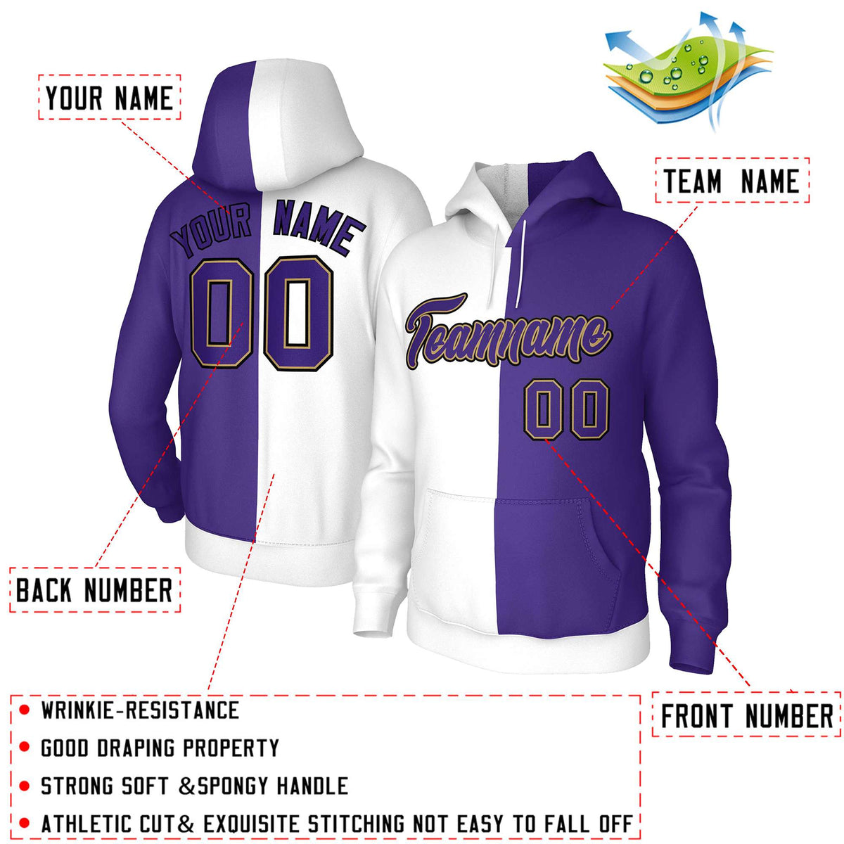 Custom White Purple Purple-Old Gold Split Fashion Stitched Sportwear Pullover Hoodie| KXKSHOP