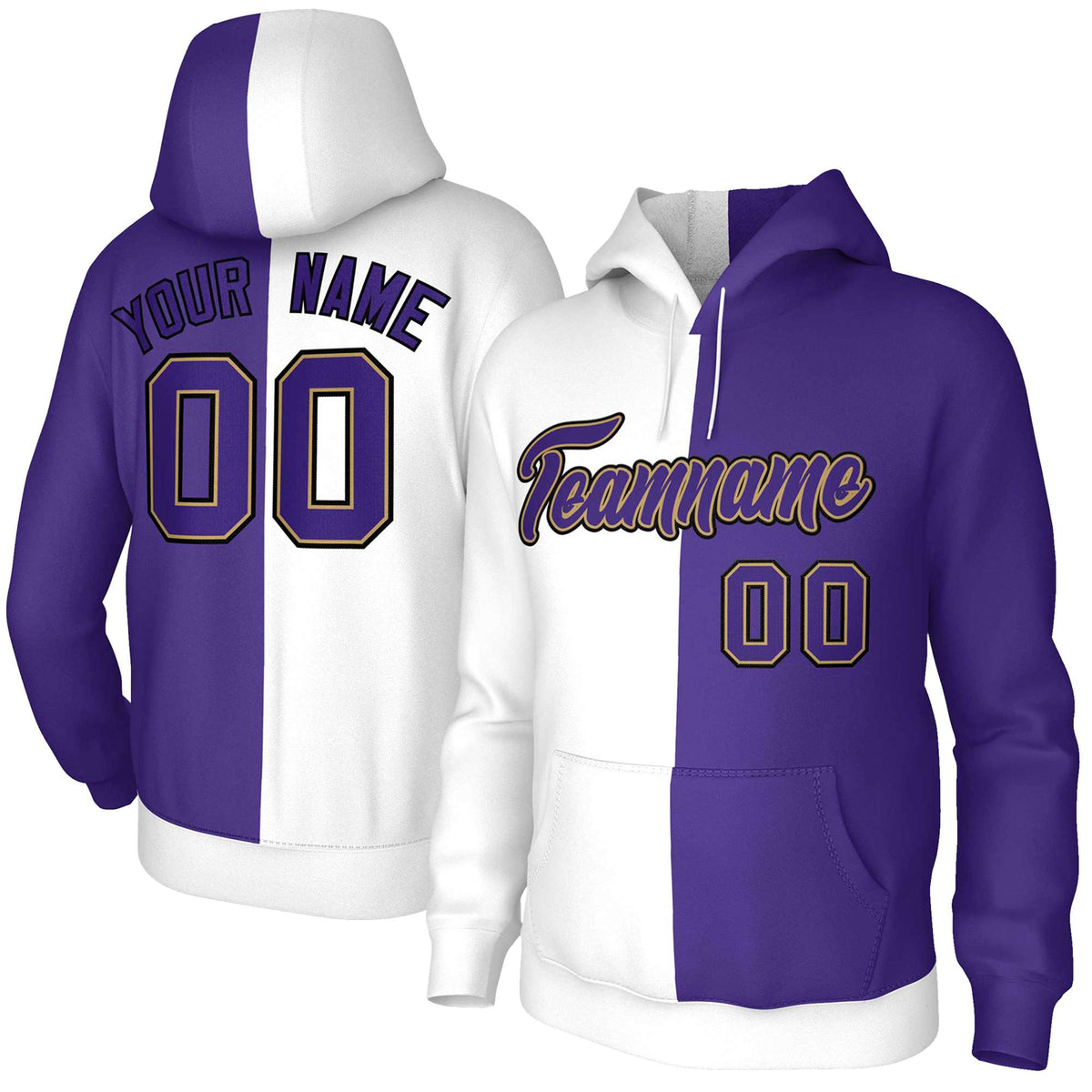 Custom White Purple Purple-Old Gold Split Fashion Stitched Sportwear Pullover Hoodie| KXKSHOP