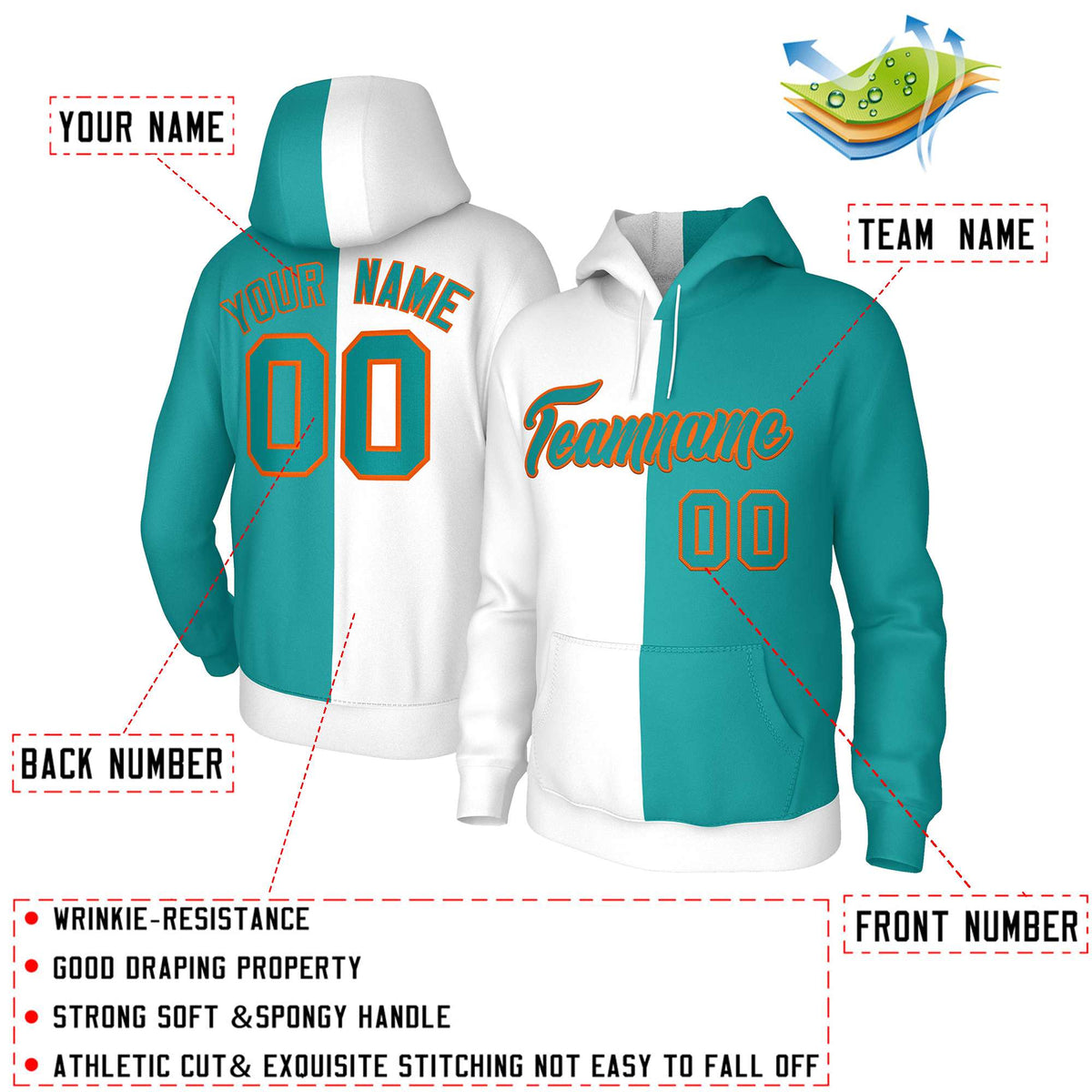 Custom White Aqua Aqua-Orange Split Fashion Stitched Sportwear Pullover Hoodie| KXKSHOP