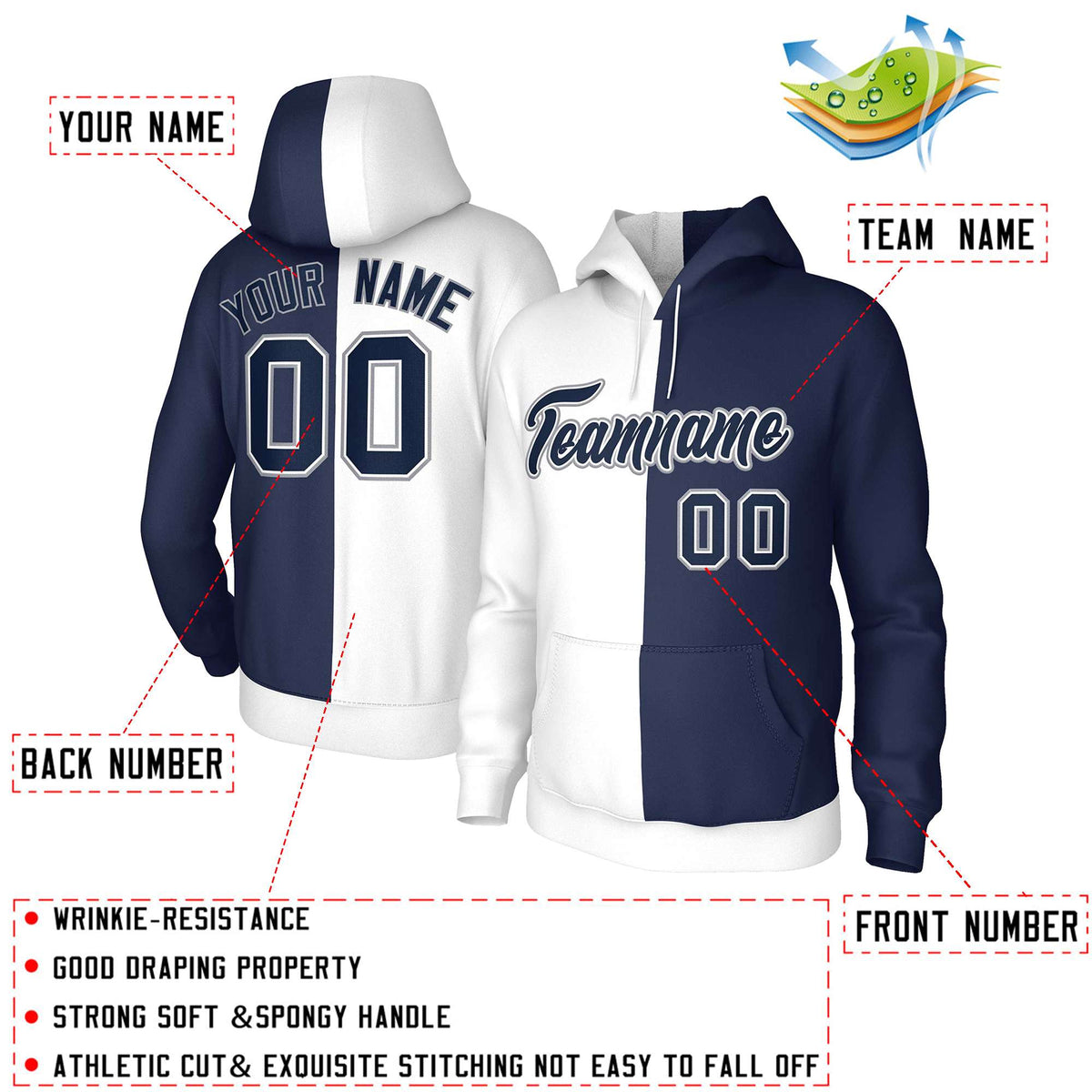 Custom White Navy Navy-White Split Fashion Stitched Sportwear Pullover Hoodie| KXKSHOP