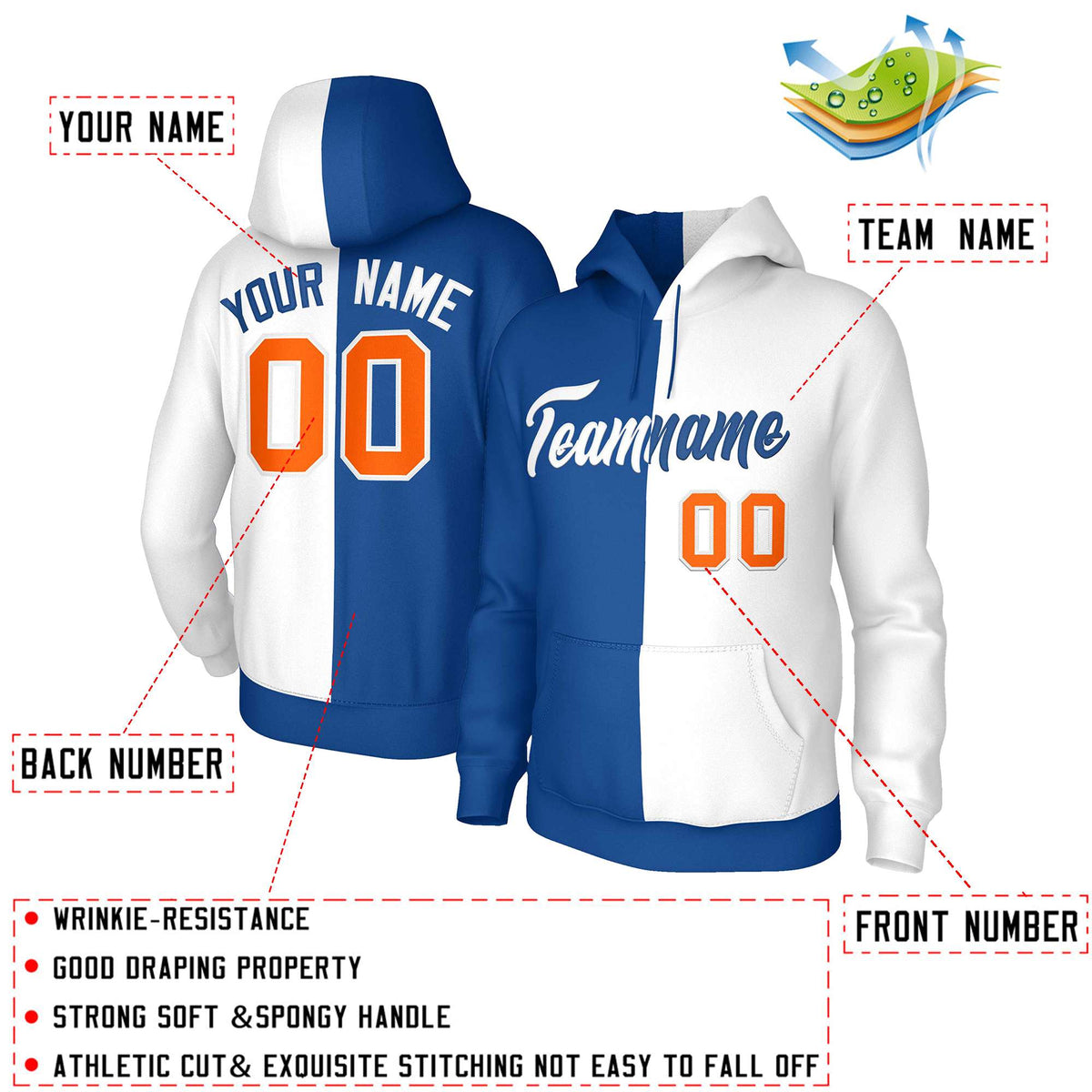 Custom Royal White White-Royal Split Fashion Stitched Sportwear Pullover Hoodie| KXKSHOP