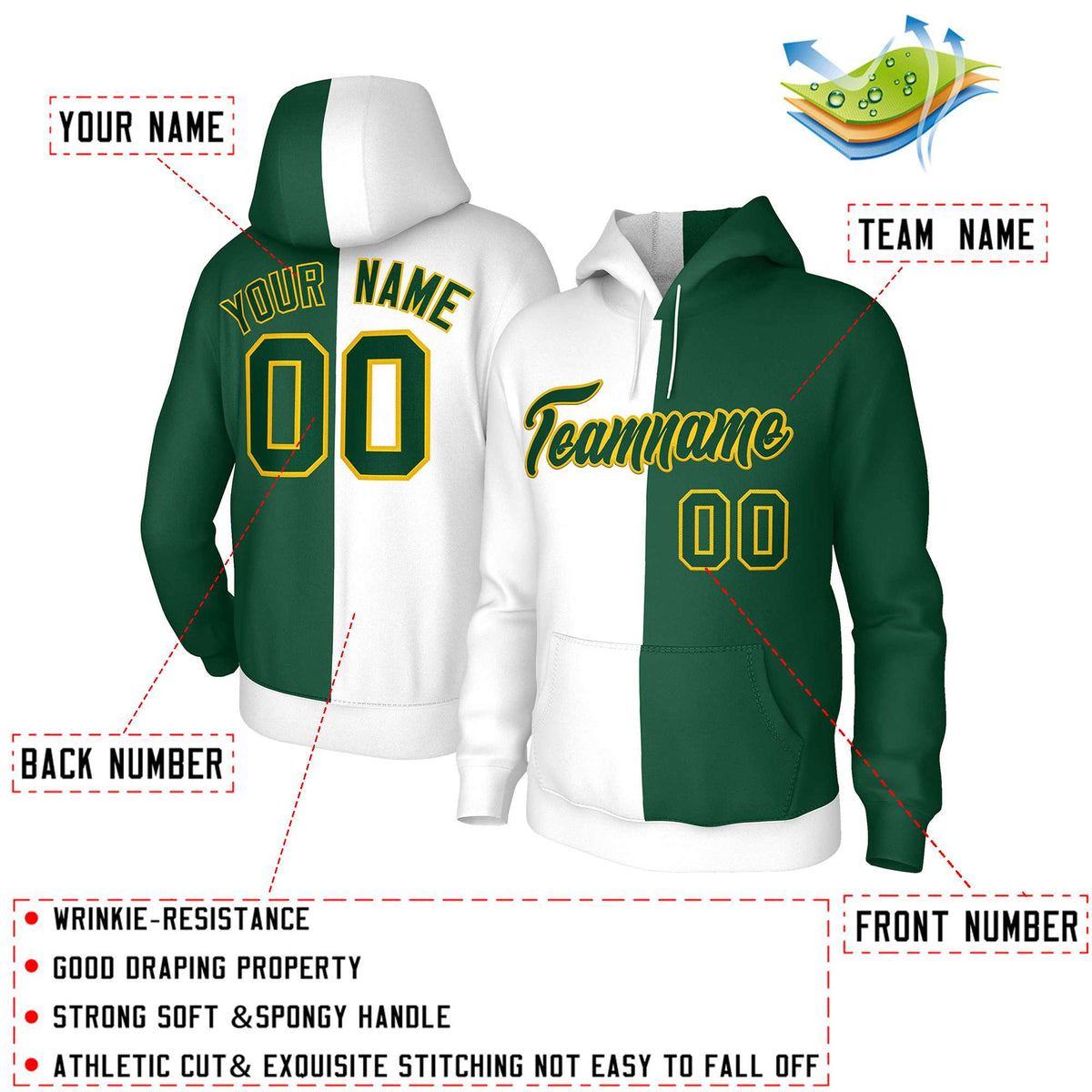 Custom White Green-Gold Split Fashion Stitched Sportwear Pullover Hoodie| KXKSHOP