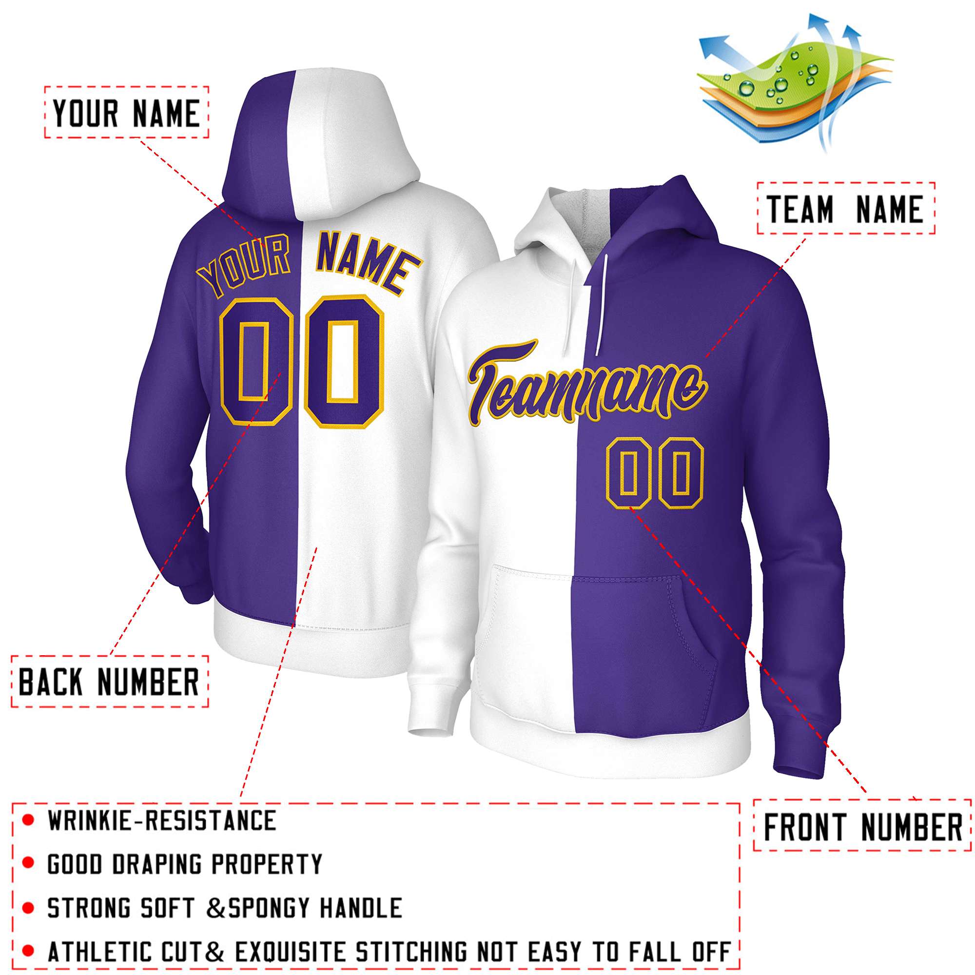 Custom White Purple-Gold Split Fashion Stitched Sportwear Pullover Hoodie| KXKSHOP